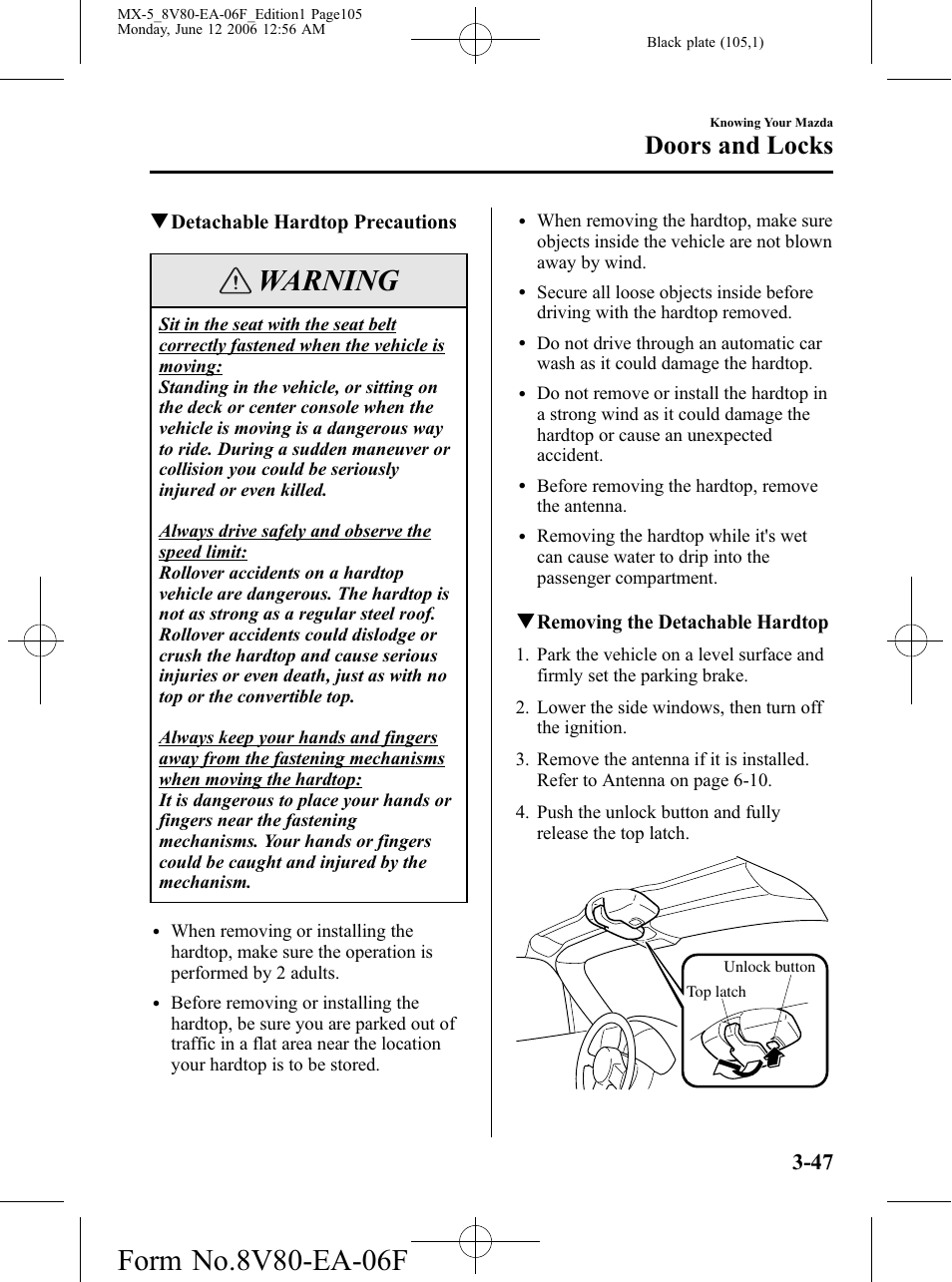Warning, Doors and locks | Mazda MX-5 User Manual | Page 106 / 407