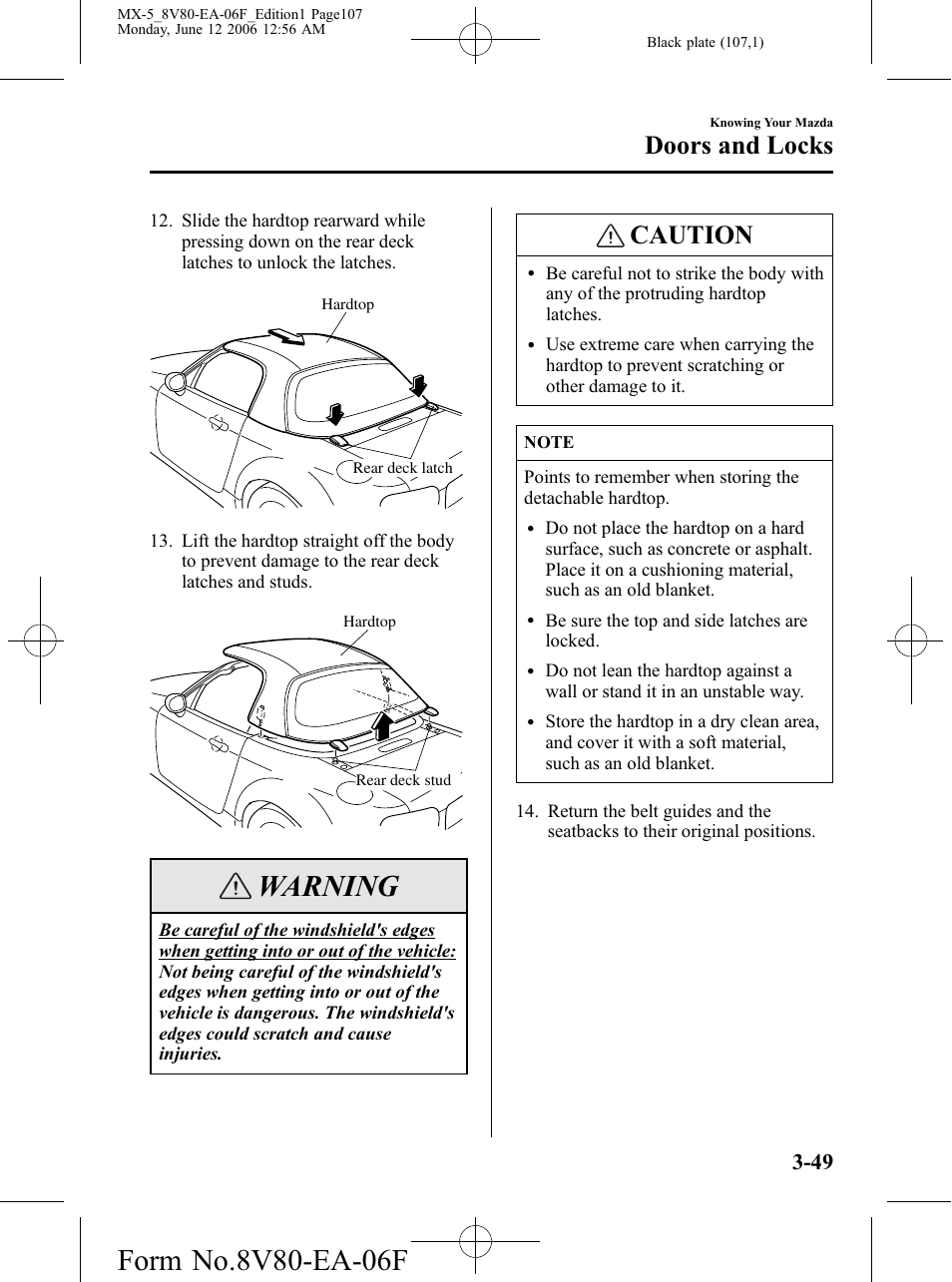 Warning, Caution, Doors and locks | Mazda MX-5 User Manual | Page 108 / 407
