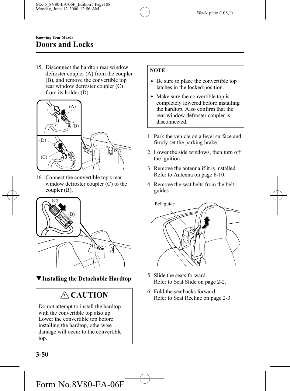 Caution, Doors and locks | Mazda MX-5 User Manual | Page 109 / 407