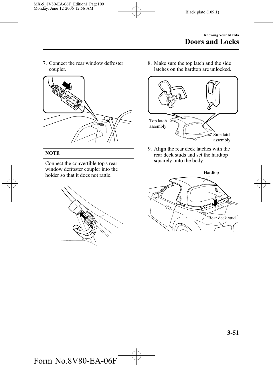 Doors and locks | Mazda MX-5 User Manual | Page 110 / 407