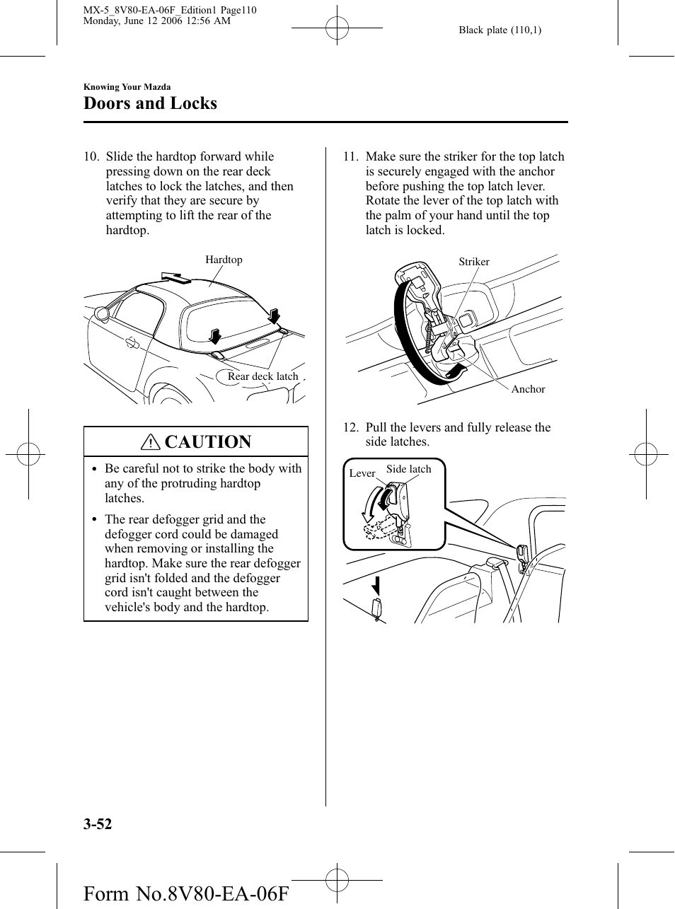 Caution, Doors and locks | Mazda MX-5 User Manual | Page 111 / 407