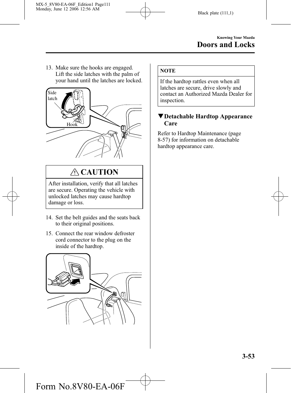 Caution, Doors and locks | Mazda MX-5 User Manual | Page 112 / 407