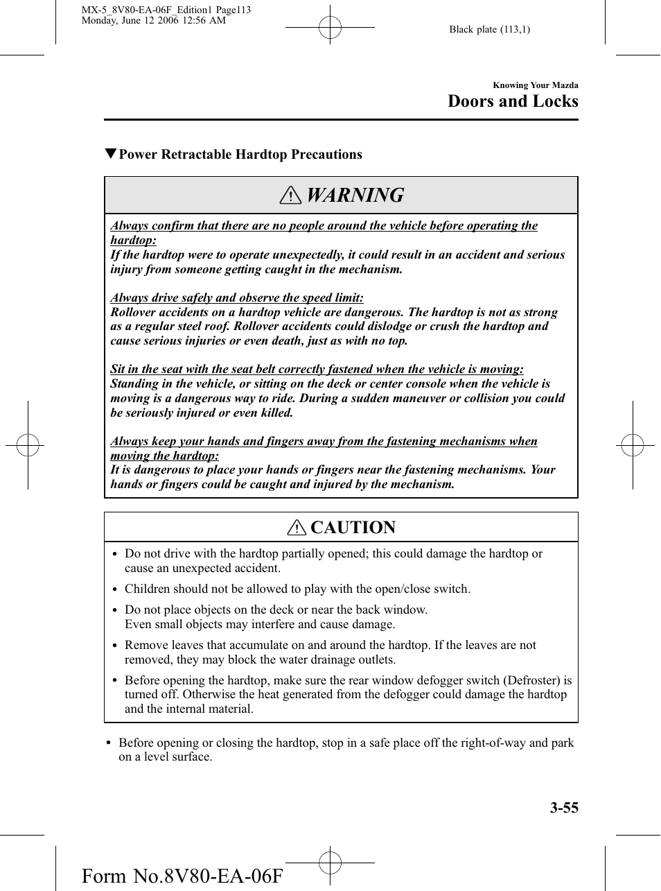 Warning, Caution, Doors and locks | Mazda MX-5 User Manual | Page 114 / 407