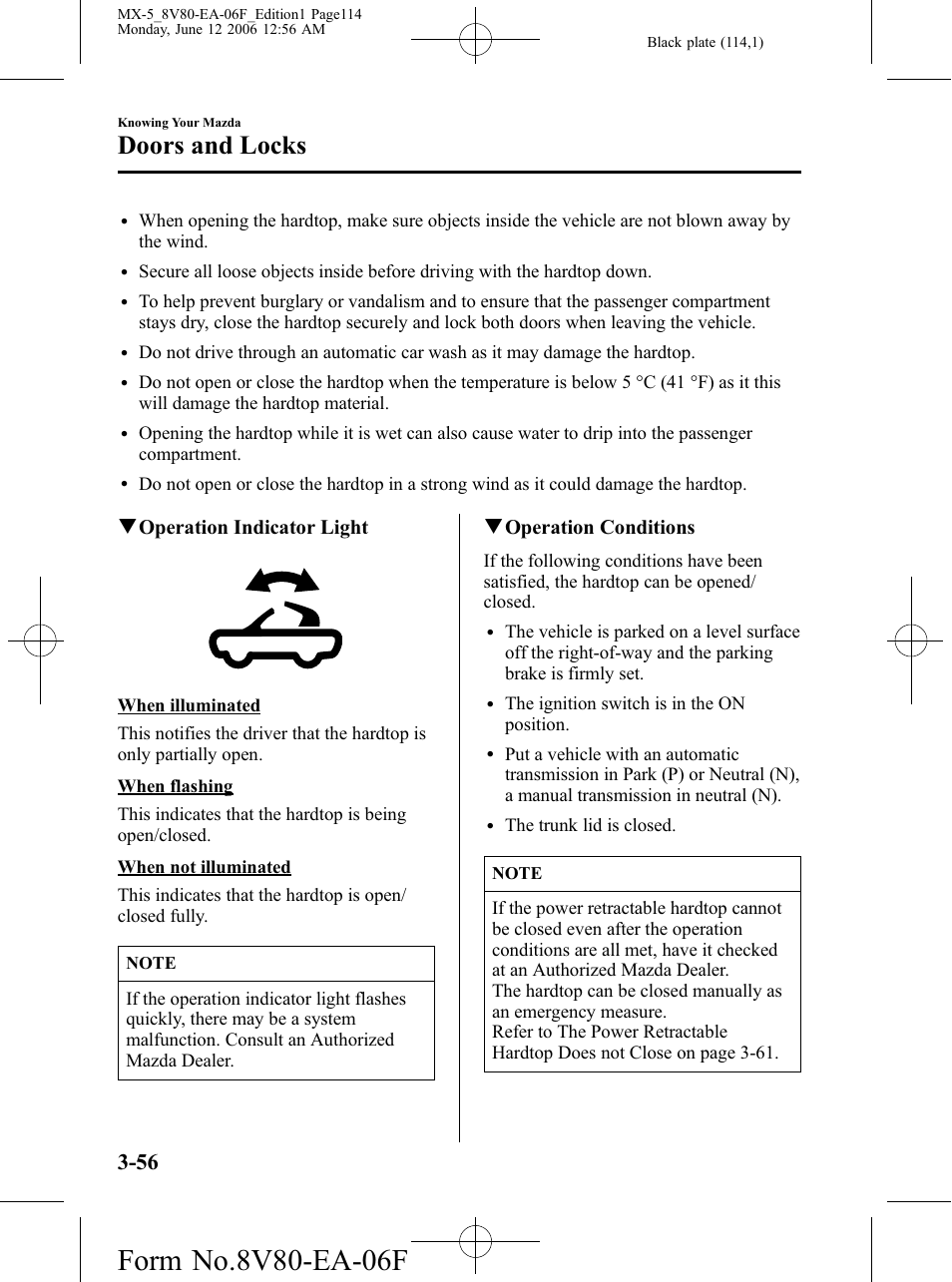 Doors and locks, Qoperation indicator light, Qoperation conditions | Mazda MX-5 User Manual | Page 115 / 407
