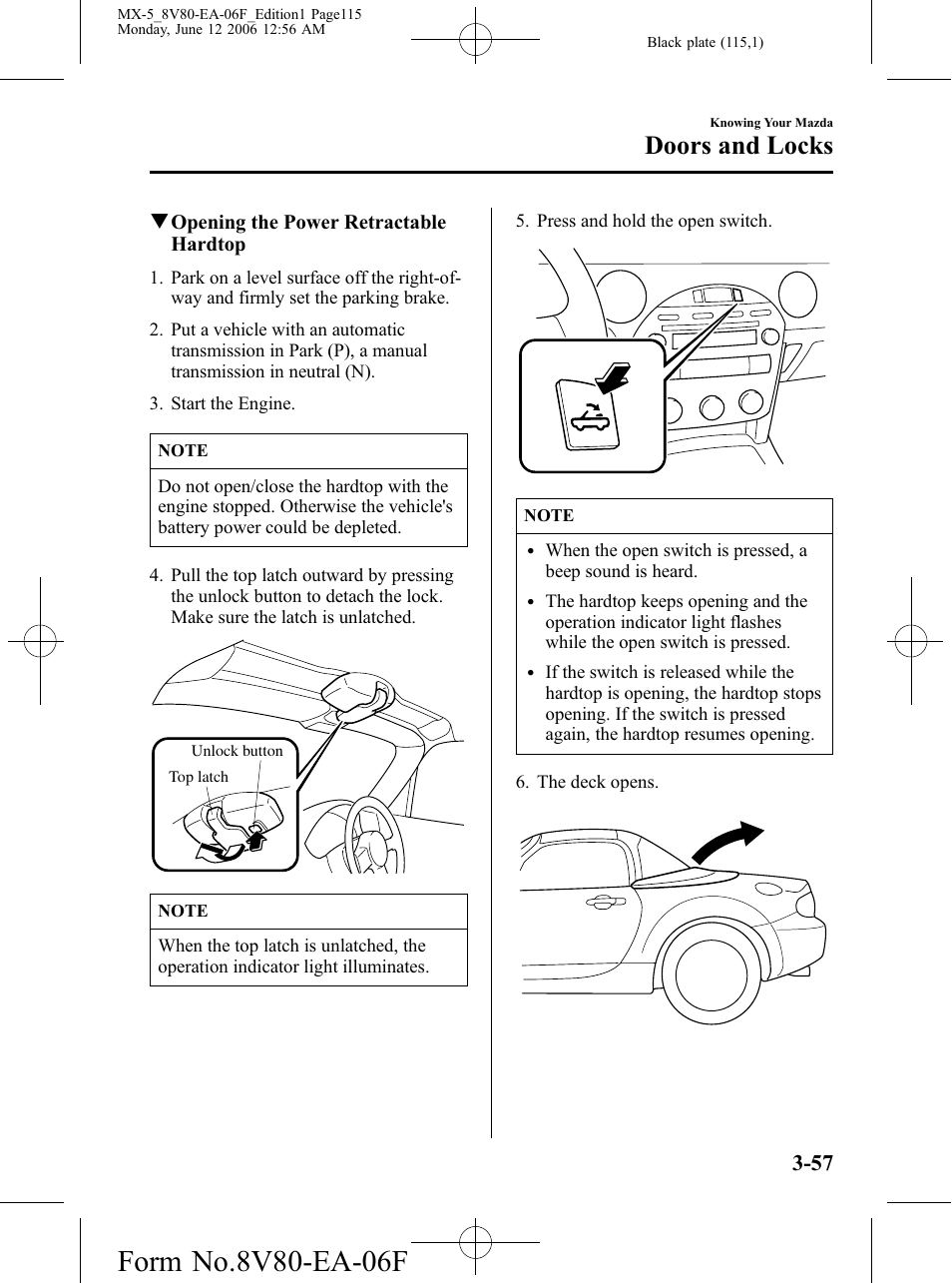Doors and locks | Mazda MX-5 User Manual | Page 116 / 407