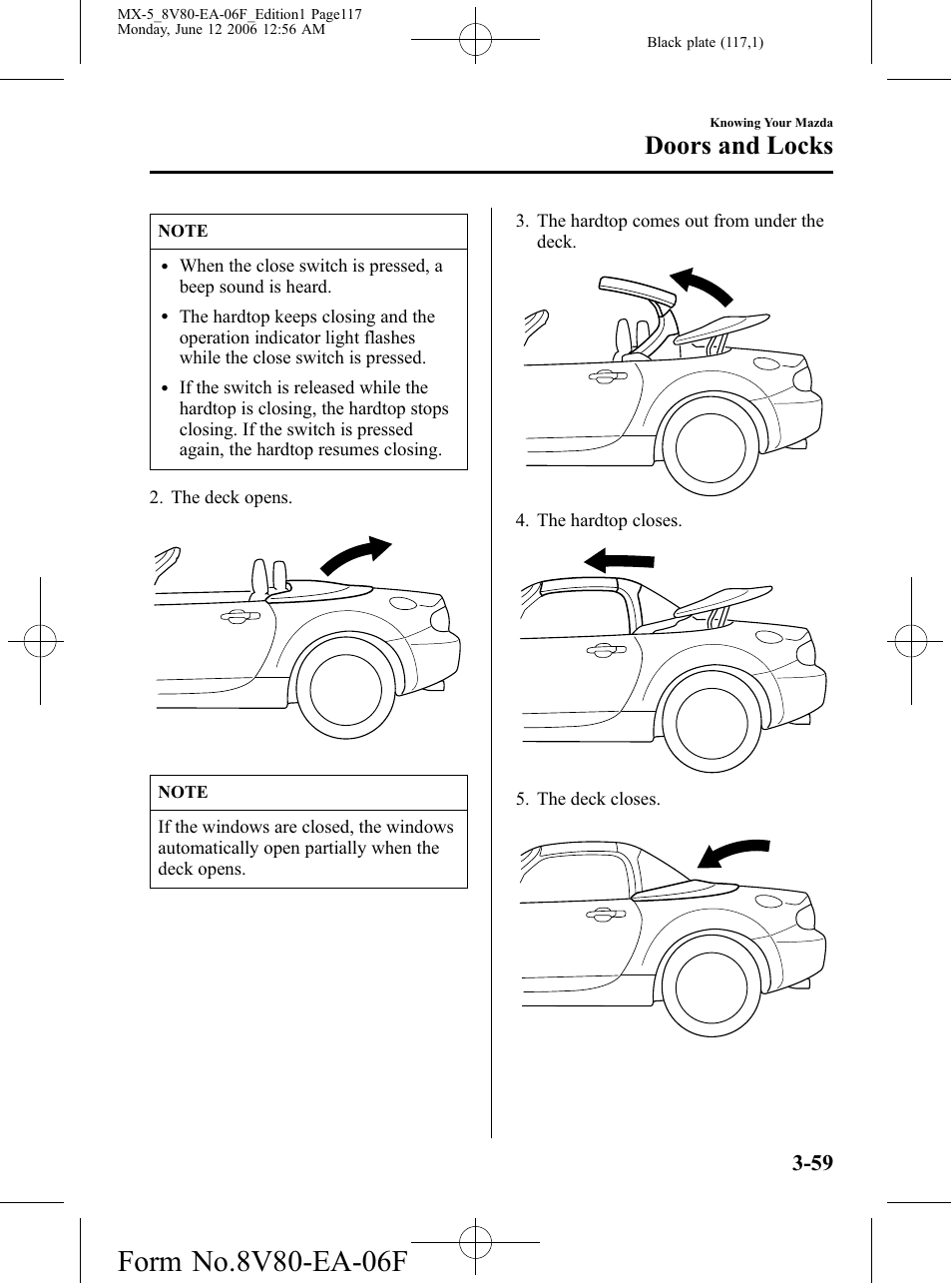 Doors and locks | Mazda MX-5 User Manual | Page 118 / 407