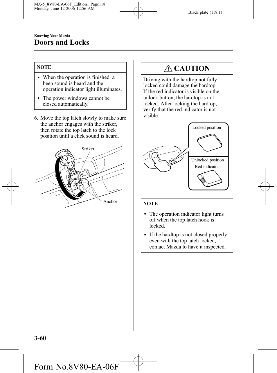 Caution, Doors and locks | Mazda MX-5 User Manual | Page 119 / 407