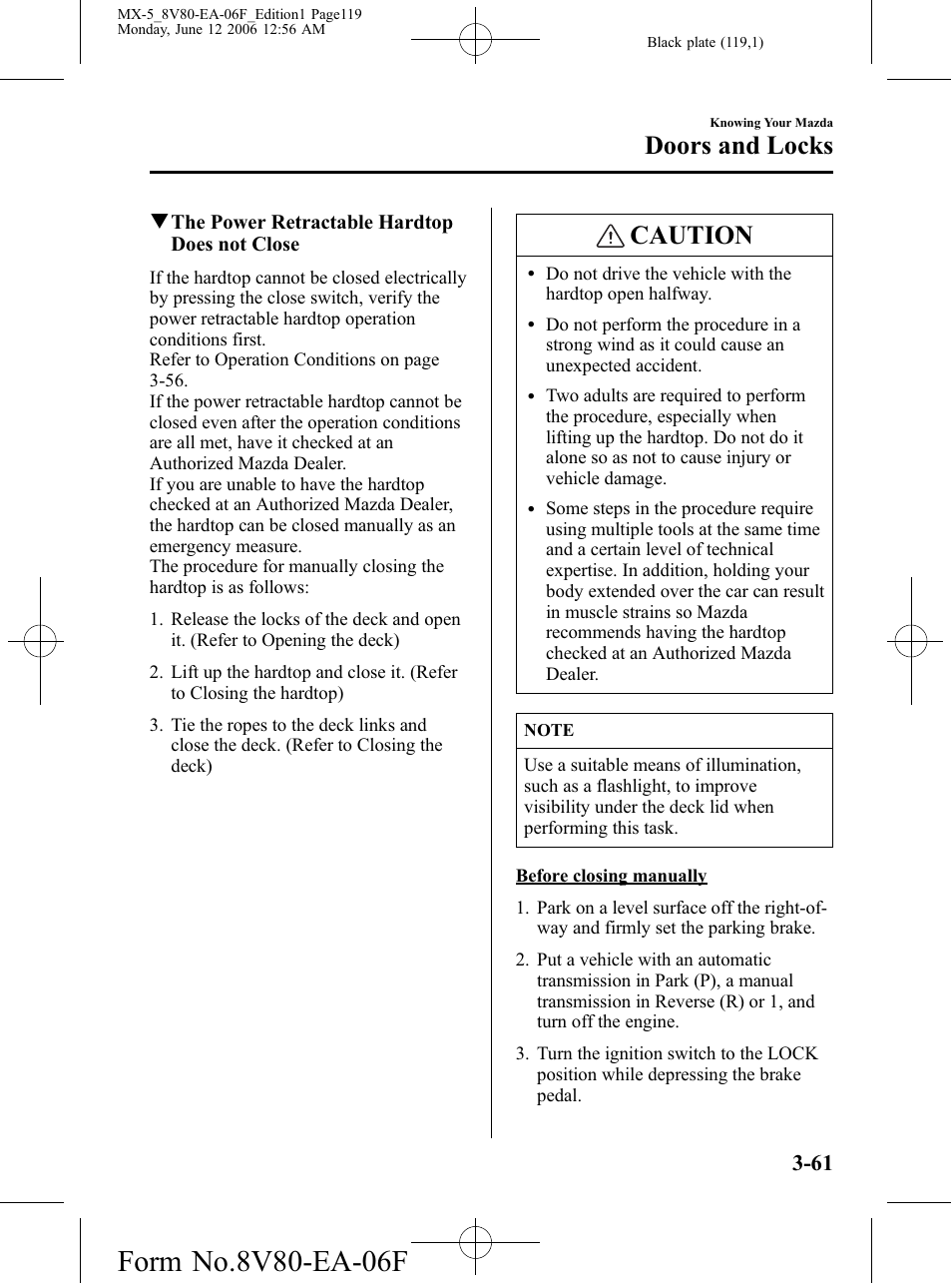 Caution, Doors and locks | Mazda MX-5 User Manual | Page 120 / 407
