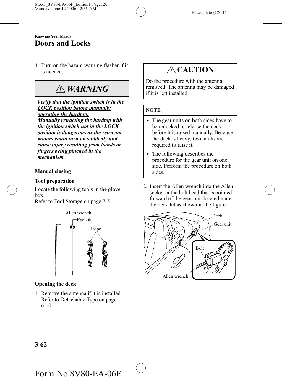Warning, Caution, Doors and locks | Mazda MX-5 User Manual | Page 121 / 407