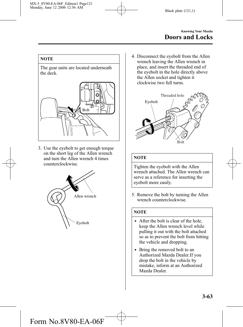 Doors and locks | Mazda MX-5 User Manual | Page 122 / 407