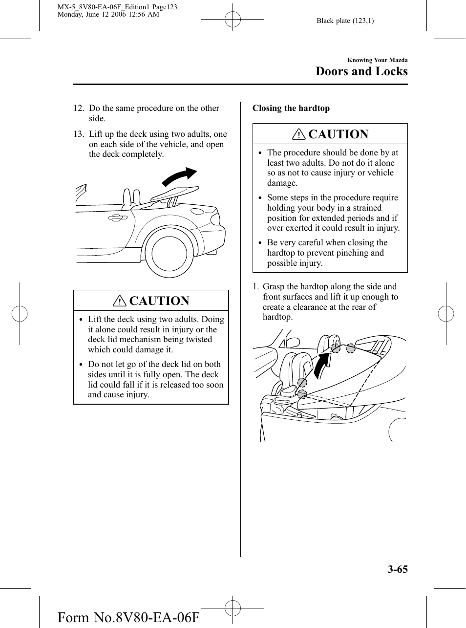 Caution, Doors and locks | Mazda MX-5 User Manual | Page 124 / 407