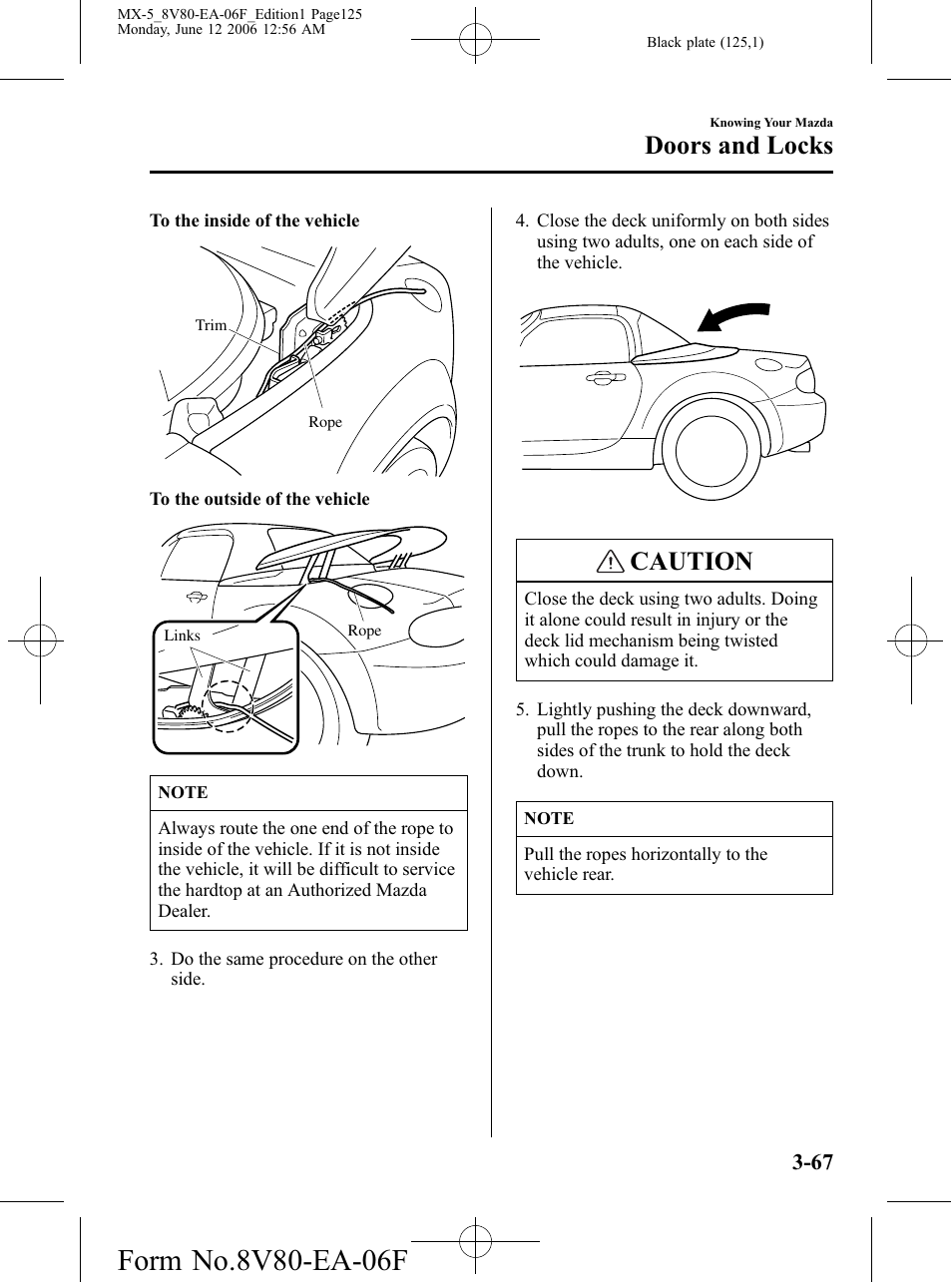 Caution, Doors and locks | Mazda MX-5 User Manual | Page 126 / 407