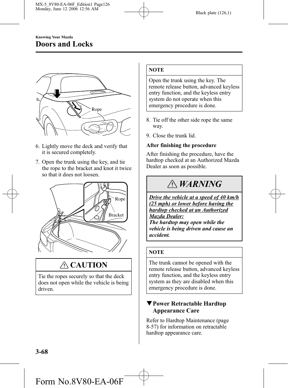 Warning, Caution, Doors and locks | Mazda MX-5 User Manual | Page 127 / 407