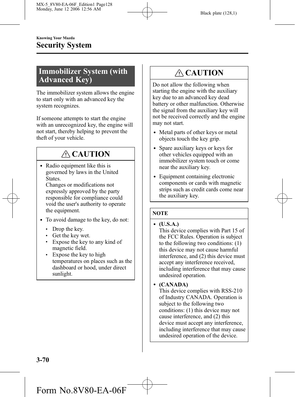 Security system, Immobilizer system (with advanced key), Security system -70 | Immobilizer system (with advanced key) -70, Caution | Mazda MX-5 User Manual | Page 129 / 407