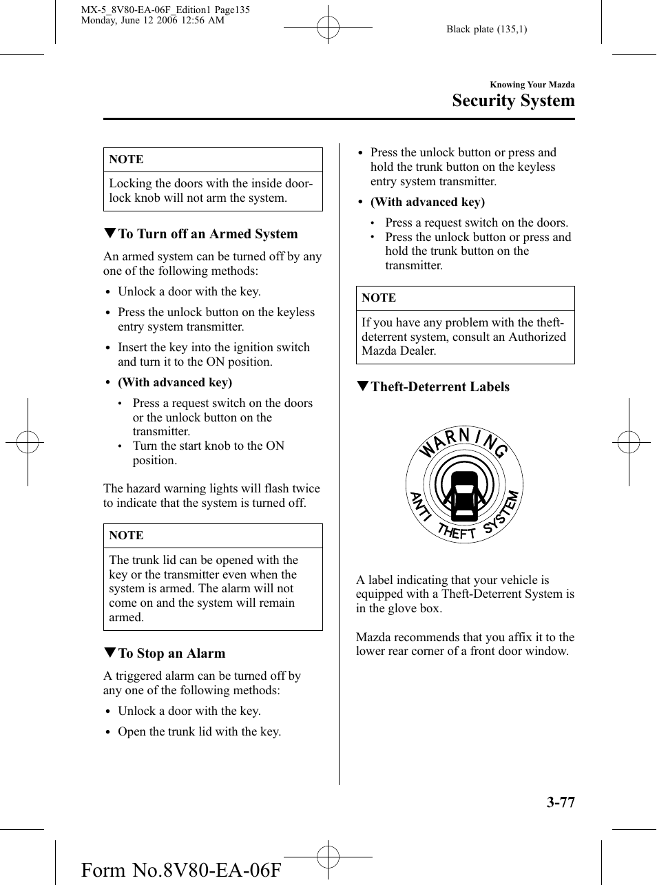 Security system, Qto turn off an armed system, Qto stop an alarm | Qtheft-deterrent labels | Mazda MX-5 User Manual | Page 136 / 407