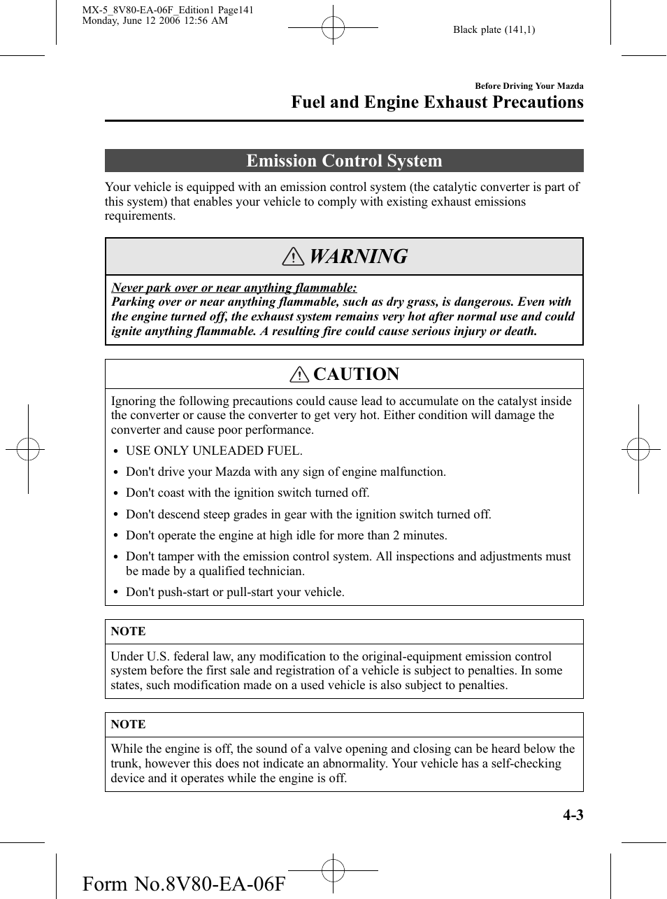 Emission control system, Emission control system -3, Warning | Caution, Fuel and engine exhaust precautions | Mazda MX-5 User Manual | Page 142 / 407