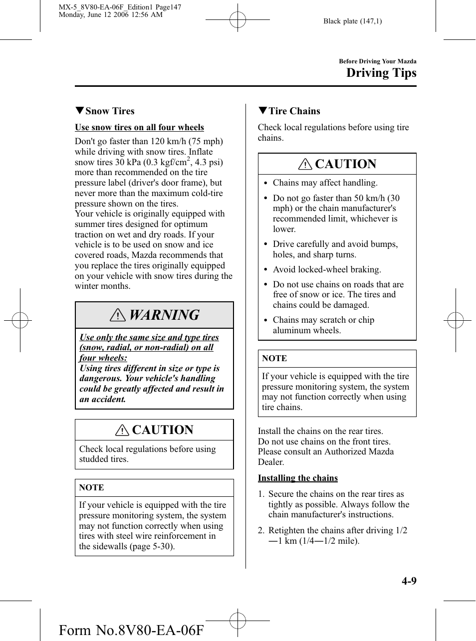 Warning, Caution, Driving tips | Mazda MX-5 User Manual | Page 148 / 407