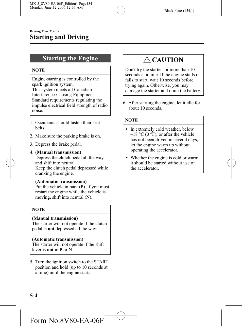Starting the engine, Starting the engine -4, Caution | Starting and driving | Mazda MX-5 User Manual | Page 155 / 407