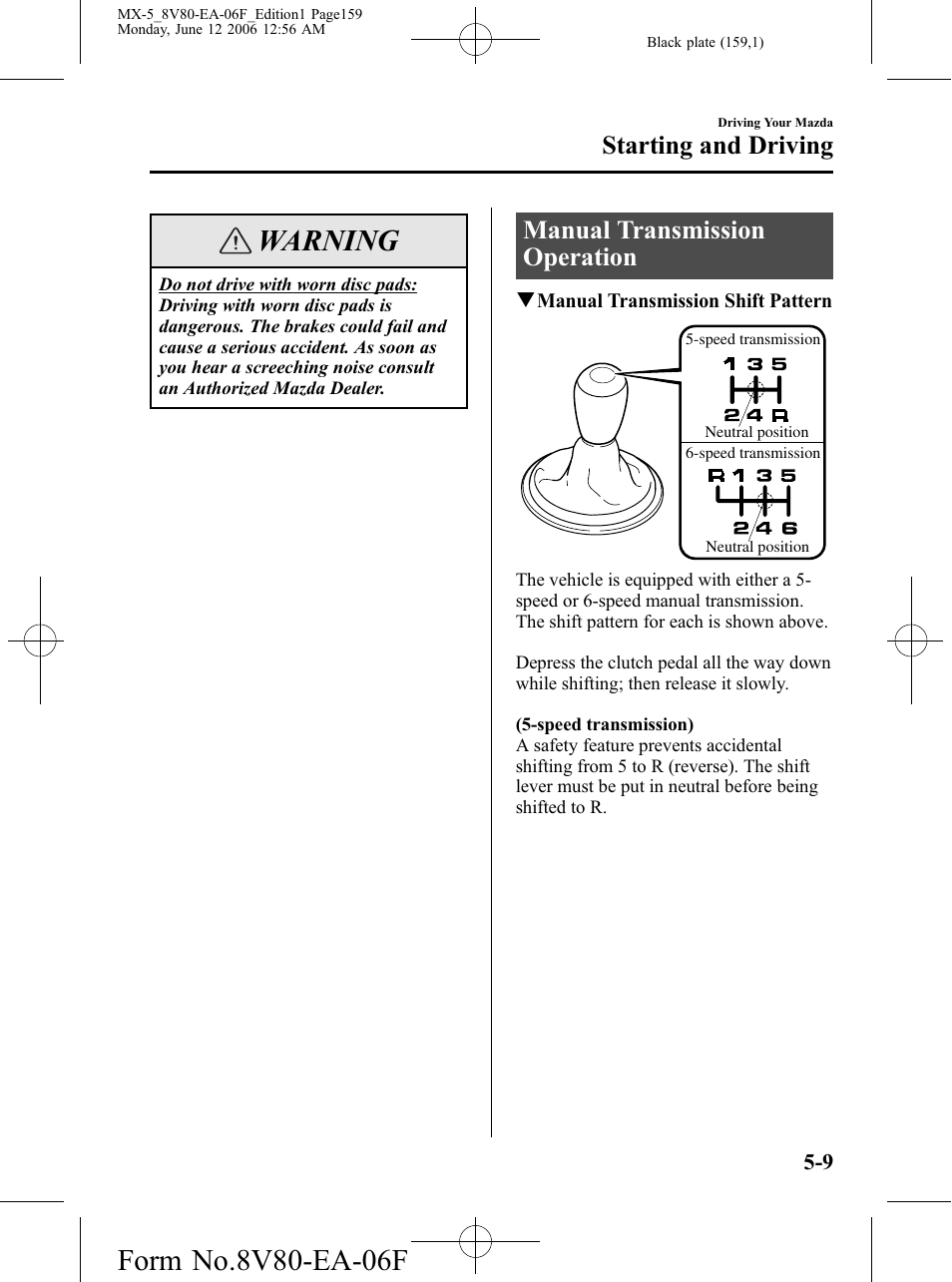 Manual transmission operation, Manual transmission operation -9, Warning | Starting and driving | Mazda MX-5 User Manual | Page 160 / 407