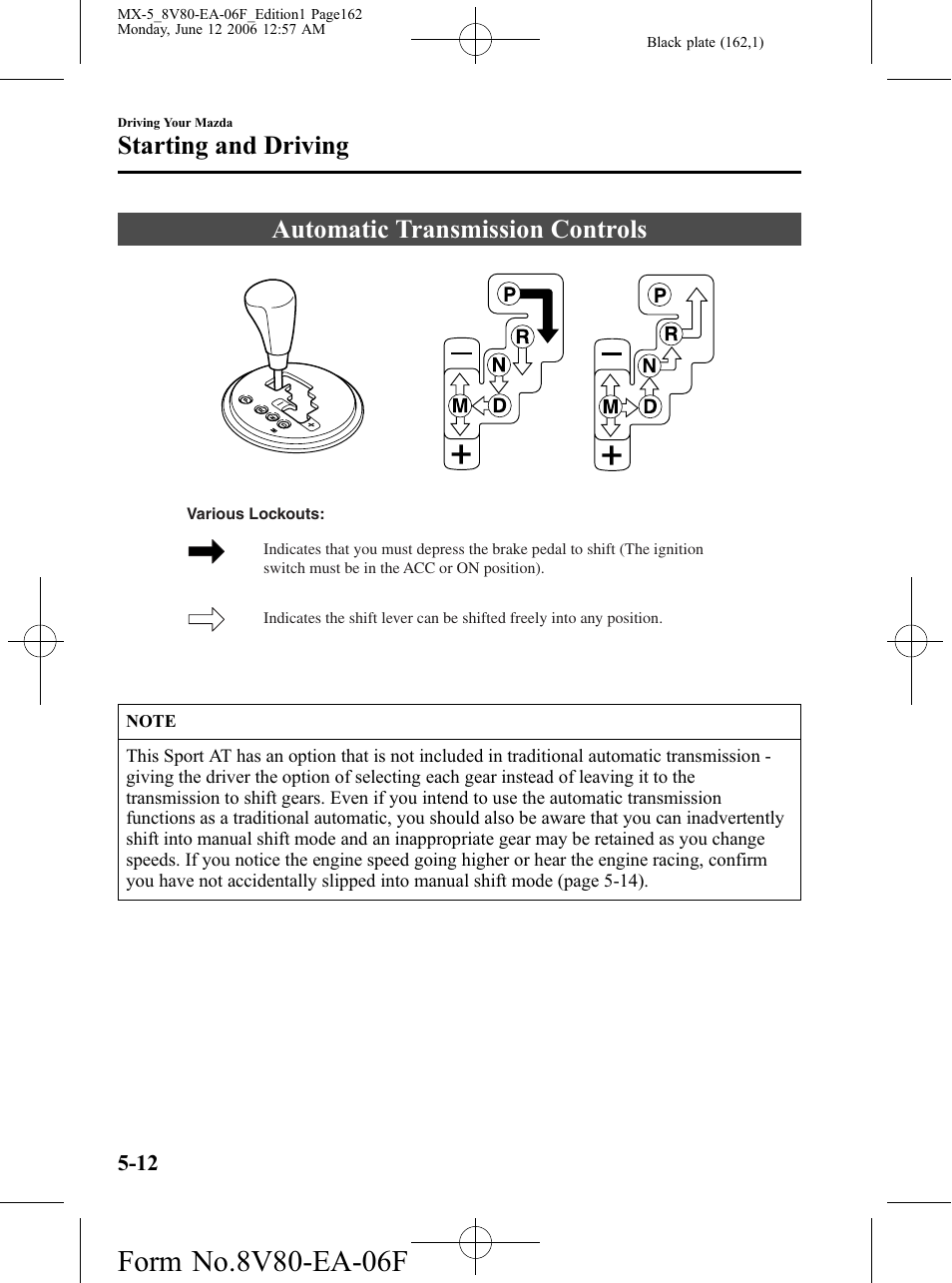 Automatic transmission controls, Automatic transmission controls -12, Starting and driving | Mazda MX-5 User Manual | Page 163 / 407