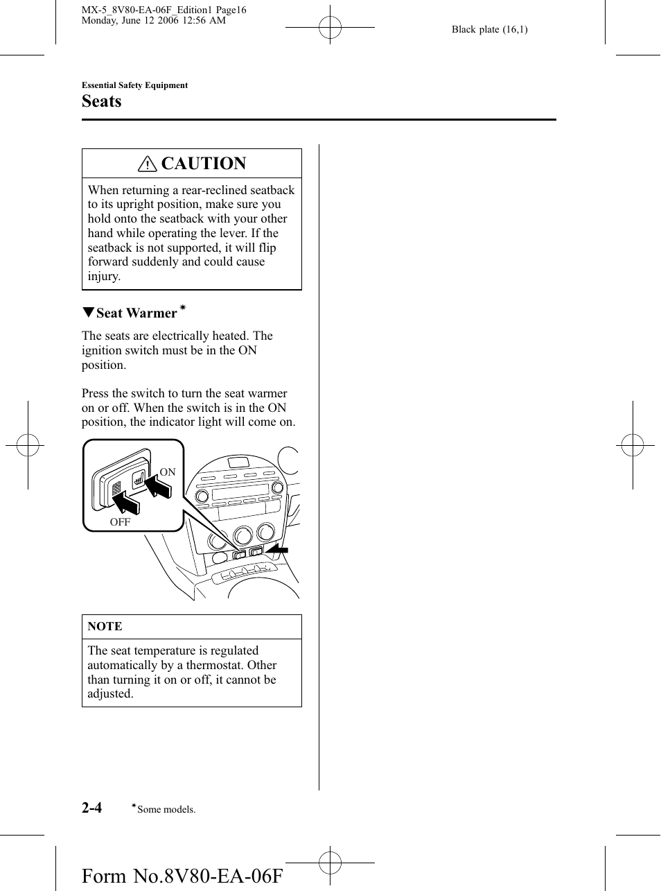 Caution, Seats | Mazda MX-5 User Manual | Page 17 / 407