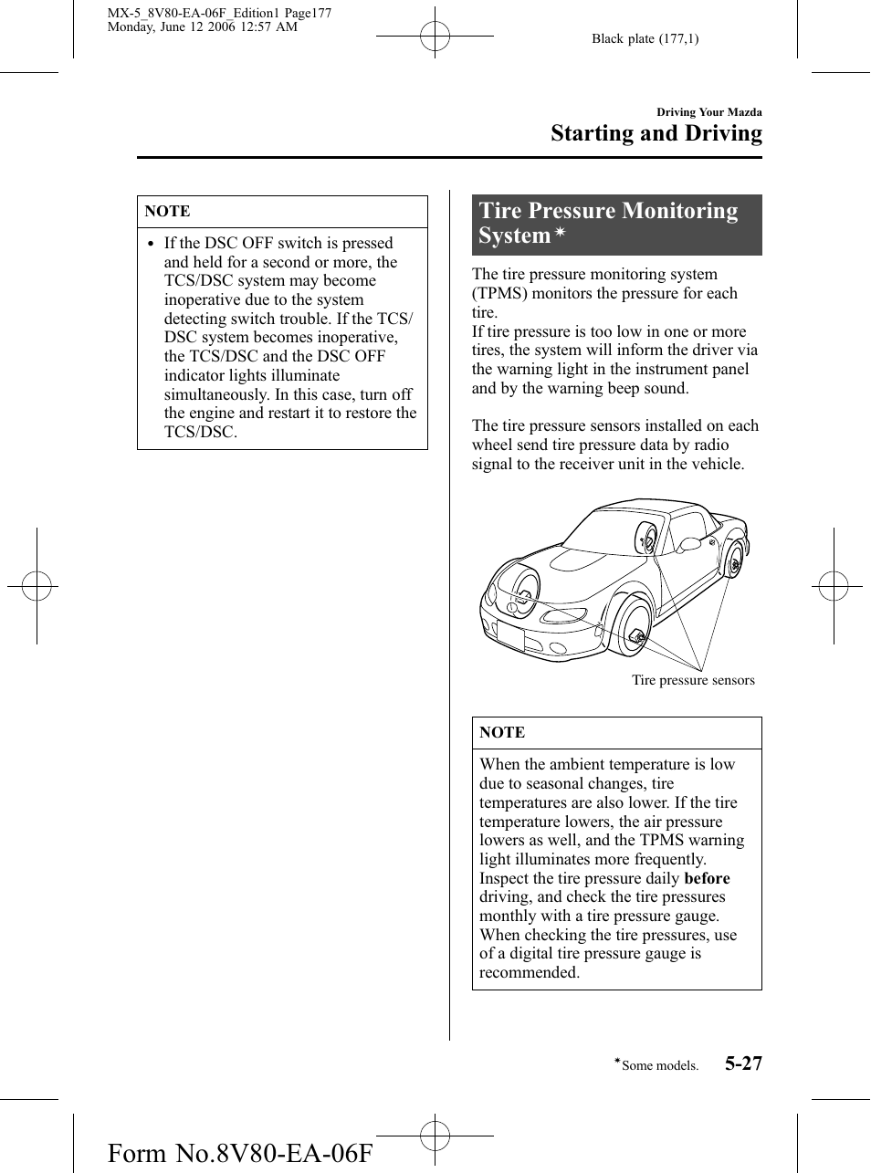 Tire pressure monitoring system, Starting and driving | Mazda MX-5 User Manual | Page 178 / 407