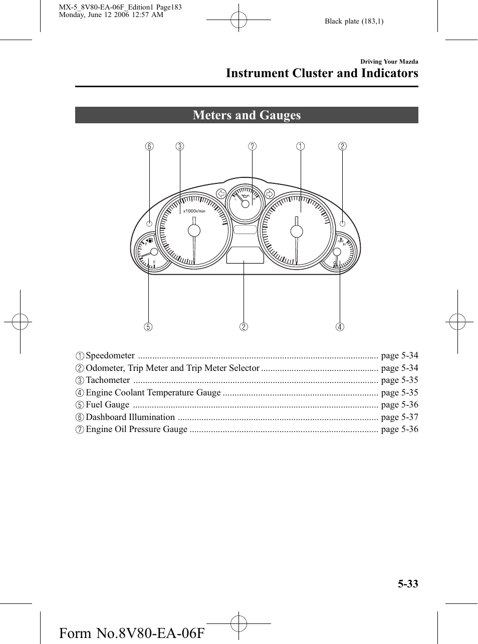 Instrument cluster and indicators, Meters and gauges, Instrument cluster and indicators -33 | Meters and gauges -33 | Mazda MX-5 User Manual | Page 184 / 407