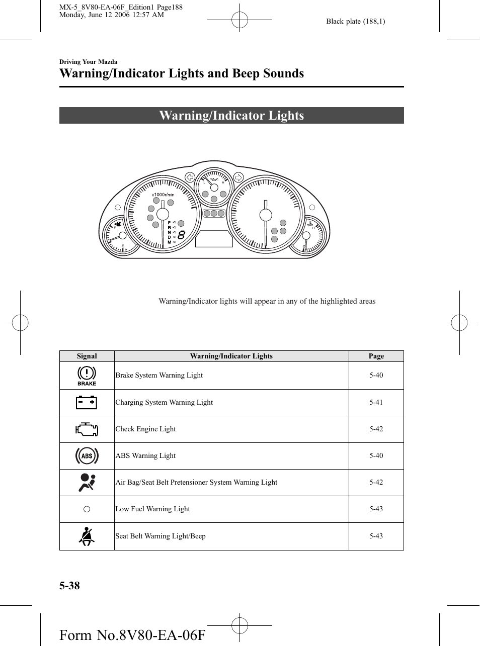 Warning/indicator lights and beep sounds, Warning/indicator lights, Warning/indicator lights and beep sounds -38 | Warning/indicator lights -38 | Mazda MX-5 User Manual | Page 189 / 407