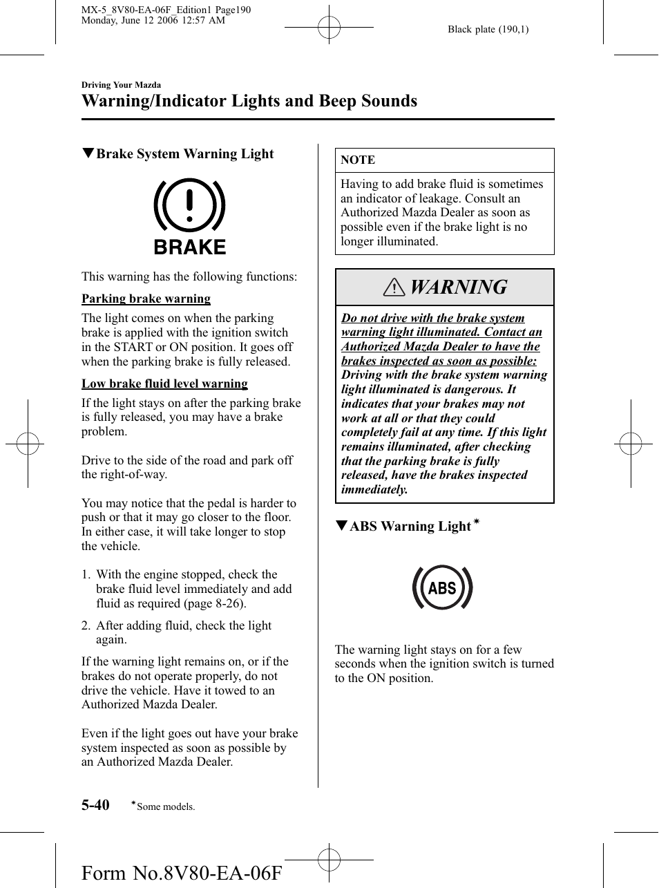 Warning, Warning/indicator lights and beep sounds | Mazda MX-5 User Manual | Page 191 / 407