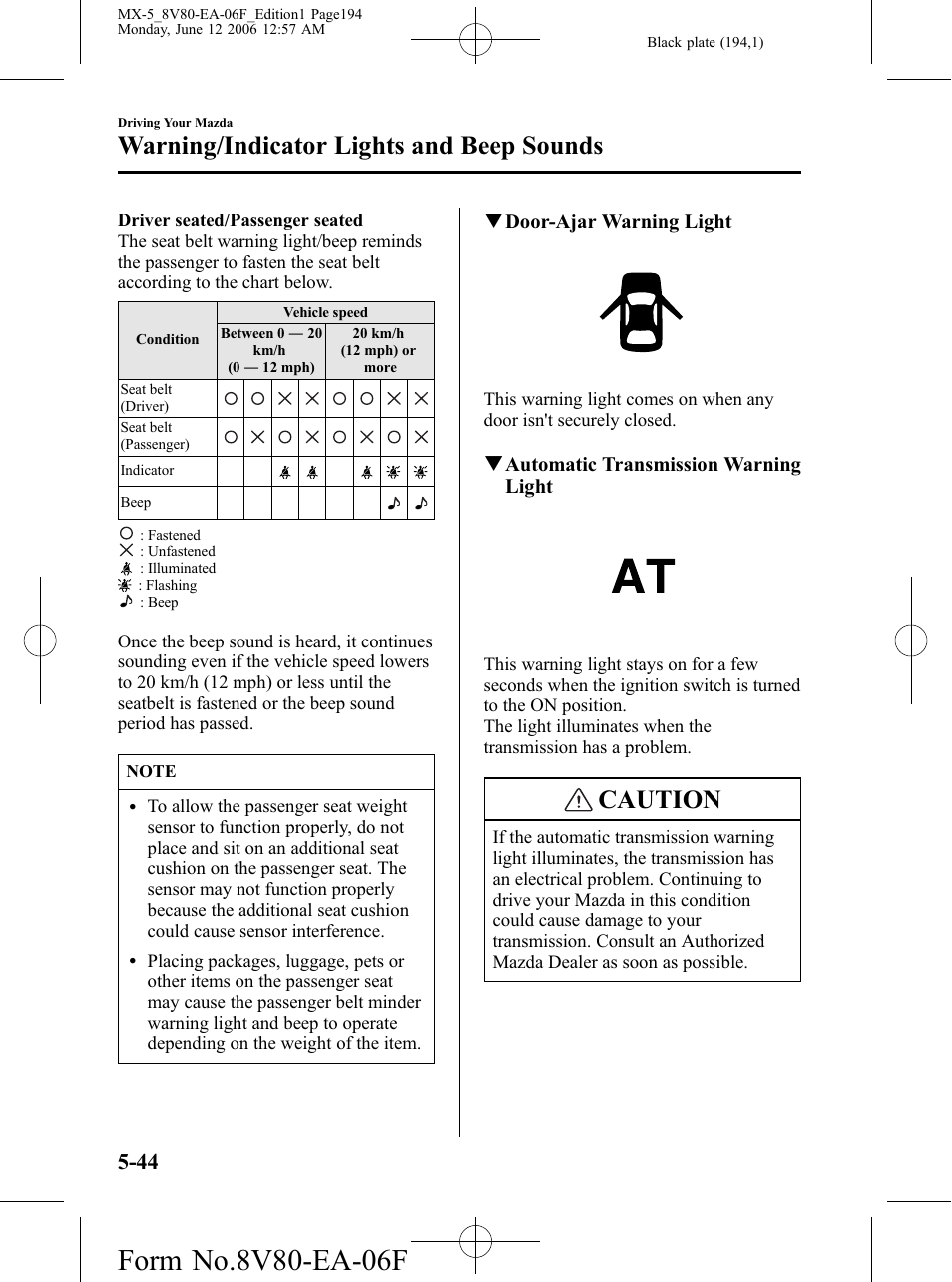 Caution, Warning/indicator lights and beep sounds | Mazda MX-5 User Manual | Page 195 / 407