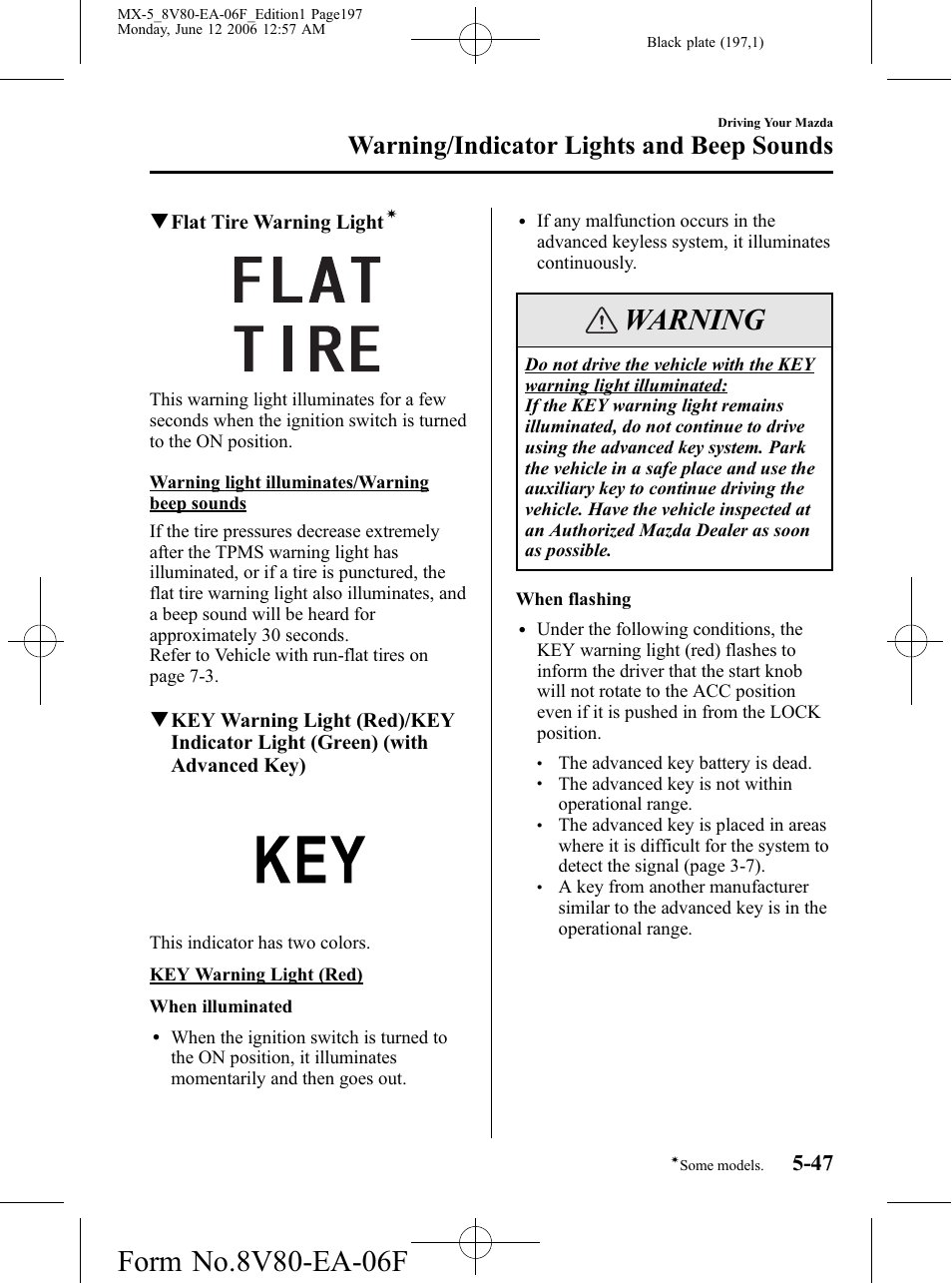 Warning, Warning/indicator lights and beep sounds, Qflat tire warning light | Mazda MX-5 User Manual | Page 198 / 407