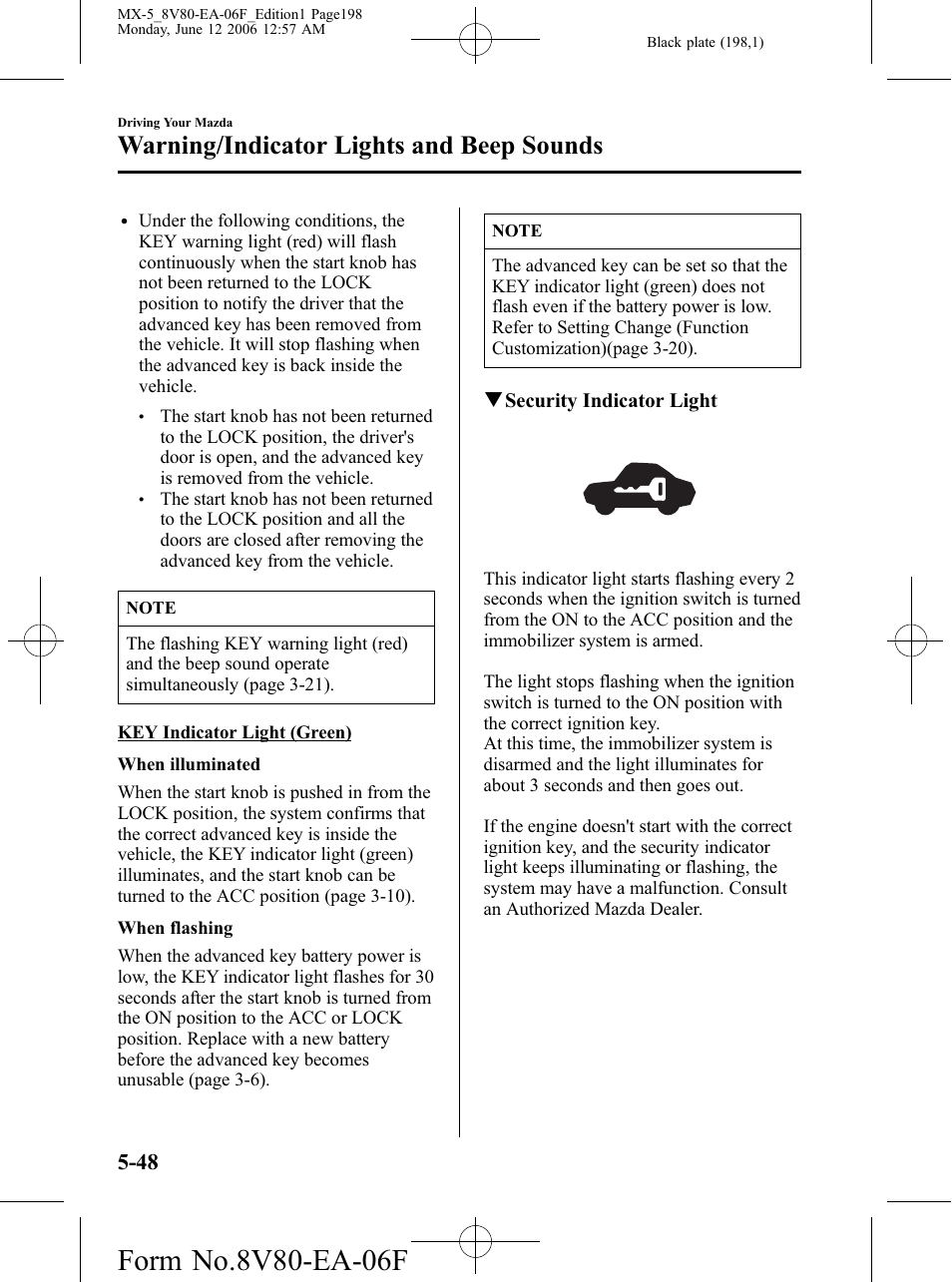 Warning/indicator lights and beep sounds | Mazda MX-5 User Manual | Page 199 / 407