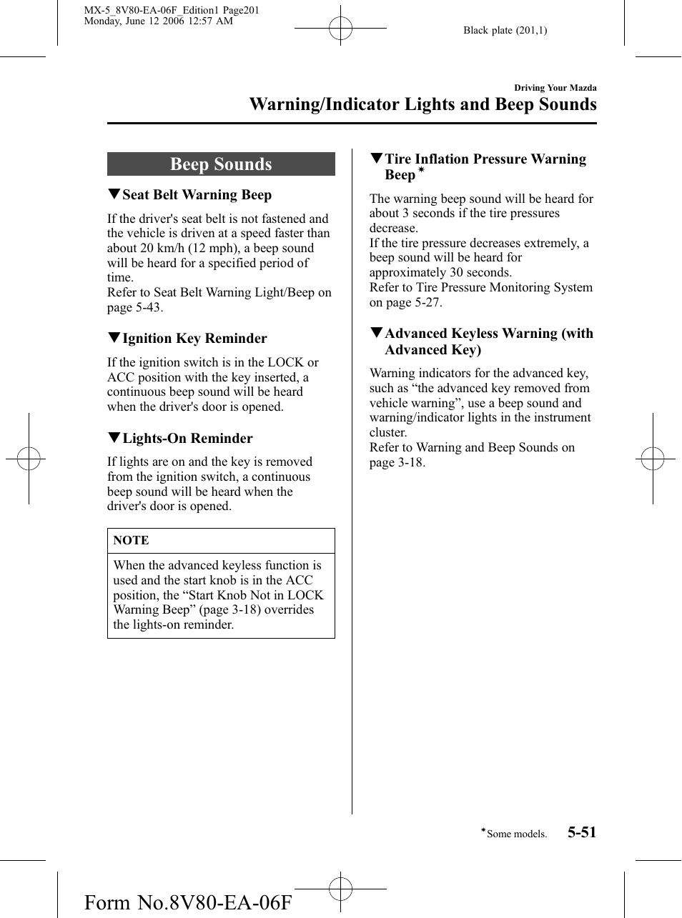 Beep sounds, Beep sounds -51, Warning/indicator lights and beep sounds | Mazda MX-5 User Manual | Page 202 / 407