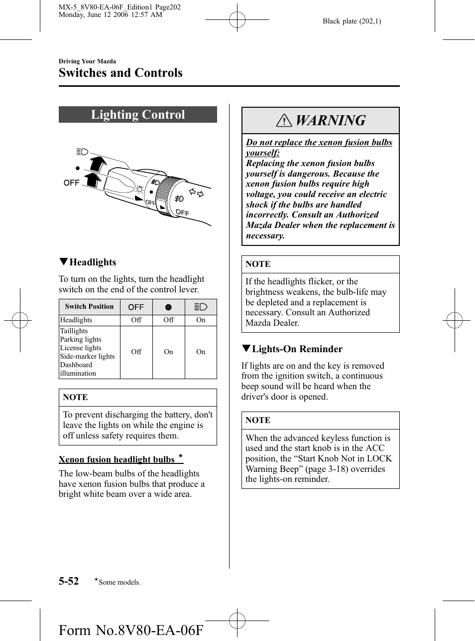 Switches and controls, Lighting control, Switches and controls -52 | Lighting control -52, Warning | Mazda MX-5 User Manual | Page 203 / 407