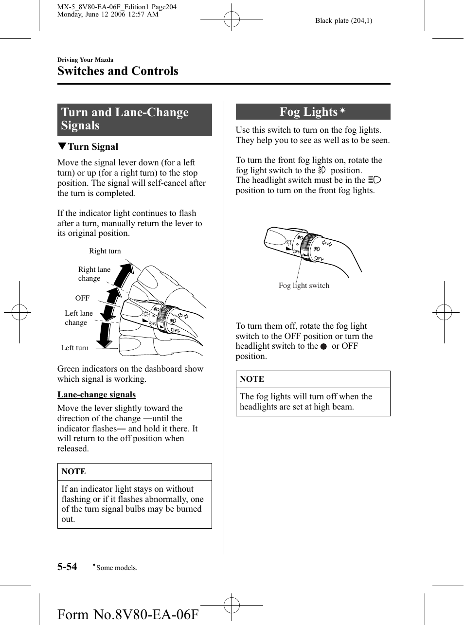 Turn and lane-change signals, Fog lights, Turn and lane-change signals -54 fog lights | Switches and controls | Mazda MX-5 User Manual | Page 205 / 407