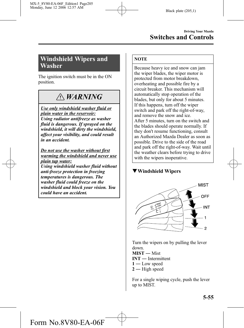 Windshield wipers and washer, Windshield wipers and washer -55, Warning | Switches and controls | Mazda MX-5 User Manual | Page 206 / 407