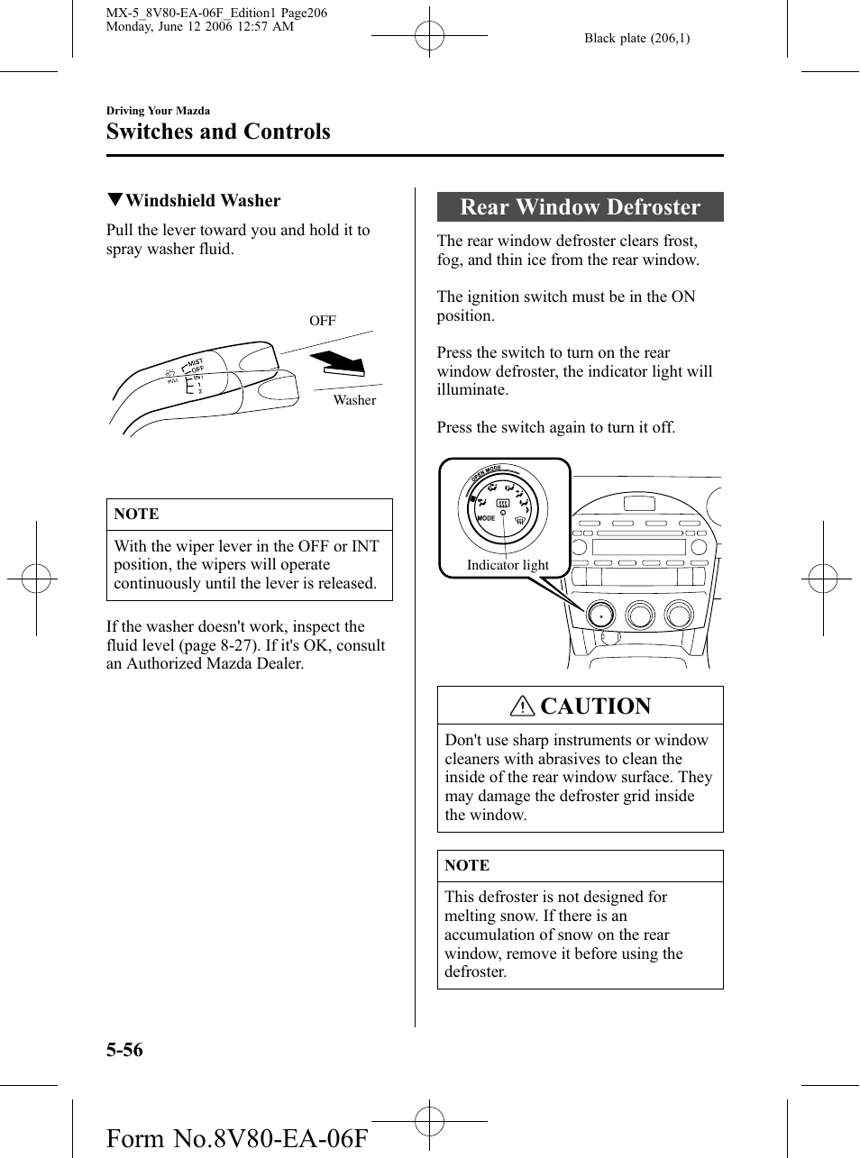 Rear window defroster, Rear window defroster -56, Caution | Switches and controls | Mazda MX-5 User Manual | Page 207 / 407