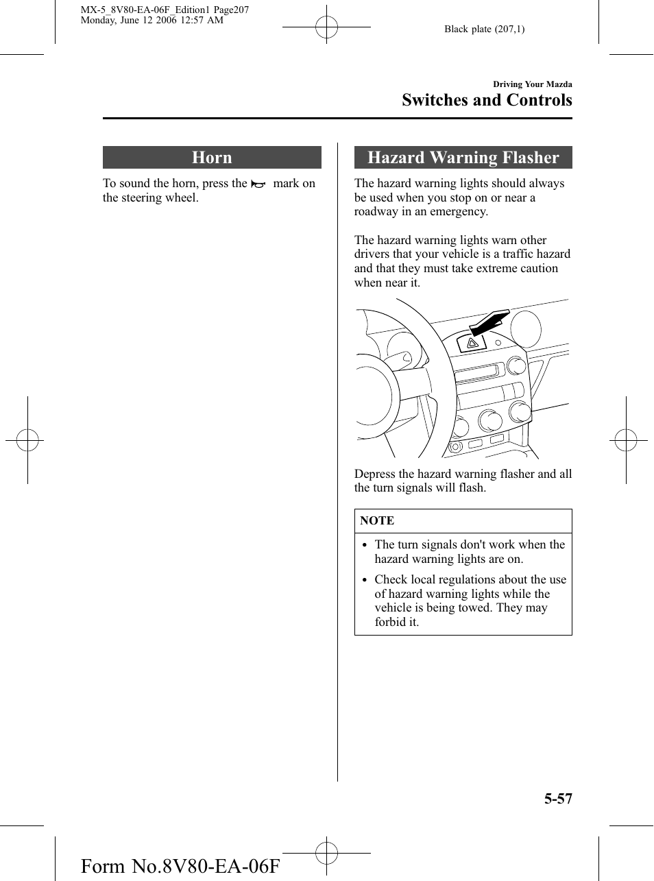 Horn, Hazard warning flasher, Horn -57 hazard warning flasher -57 | Switches and controls | Mazda MX-5 User Manual | Page 208 / 407