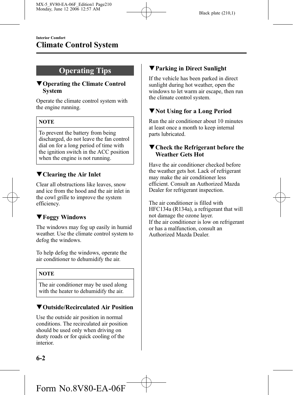 Climate control system, Operating tips, Climate control system -2 | Operating tips -2 | Mazda MX-5 User Manual | Page 211 / 407