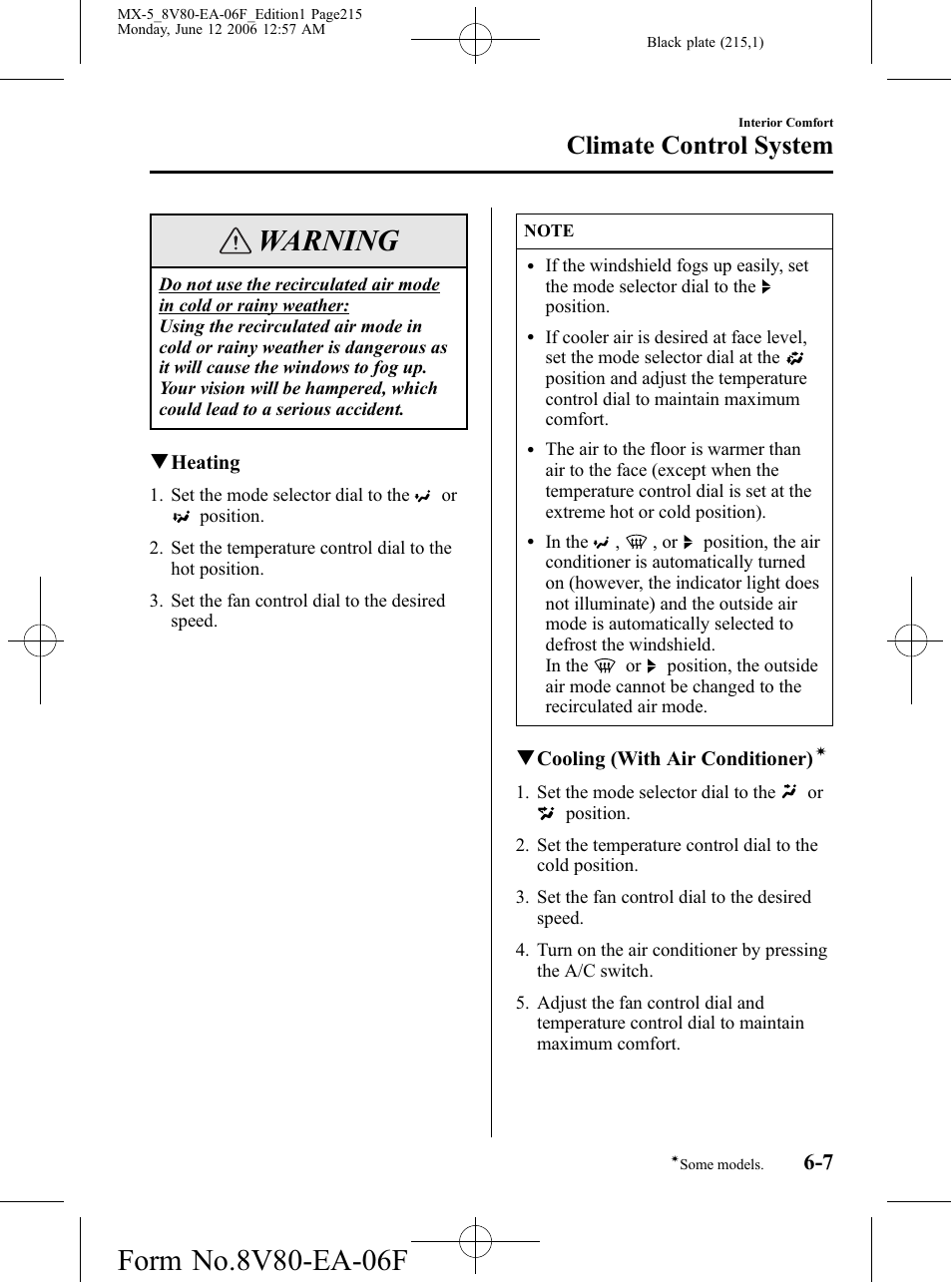 Warning, Climate control system | Mazda MX-5 User Manual | Page 216 / 407