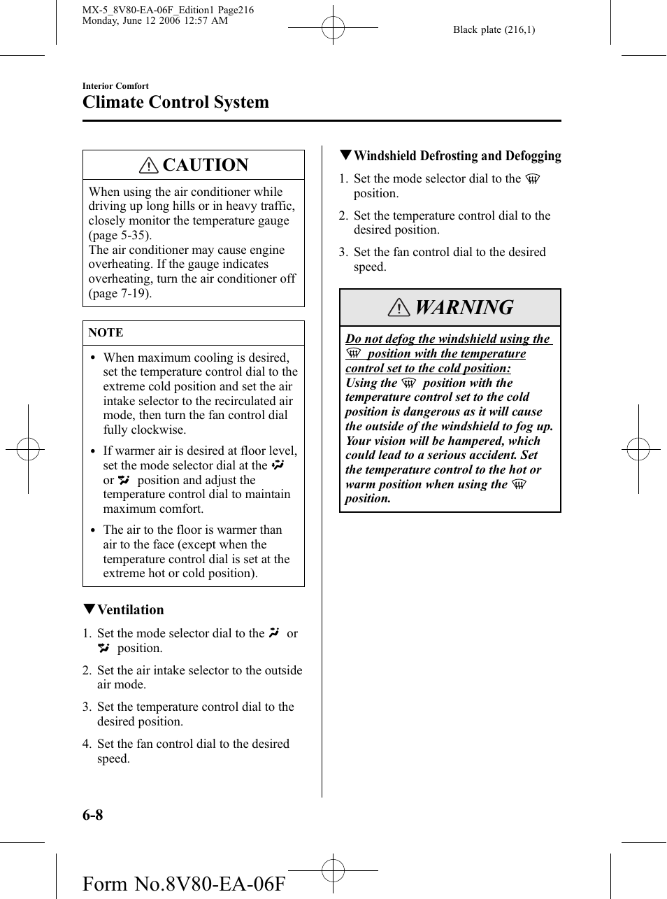 Warning, Caution, Climate control system | Mazda MX-5 User Manual | Page 217 / 407