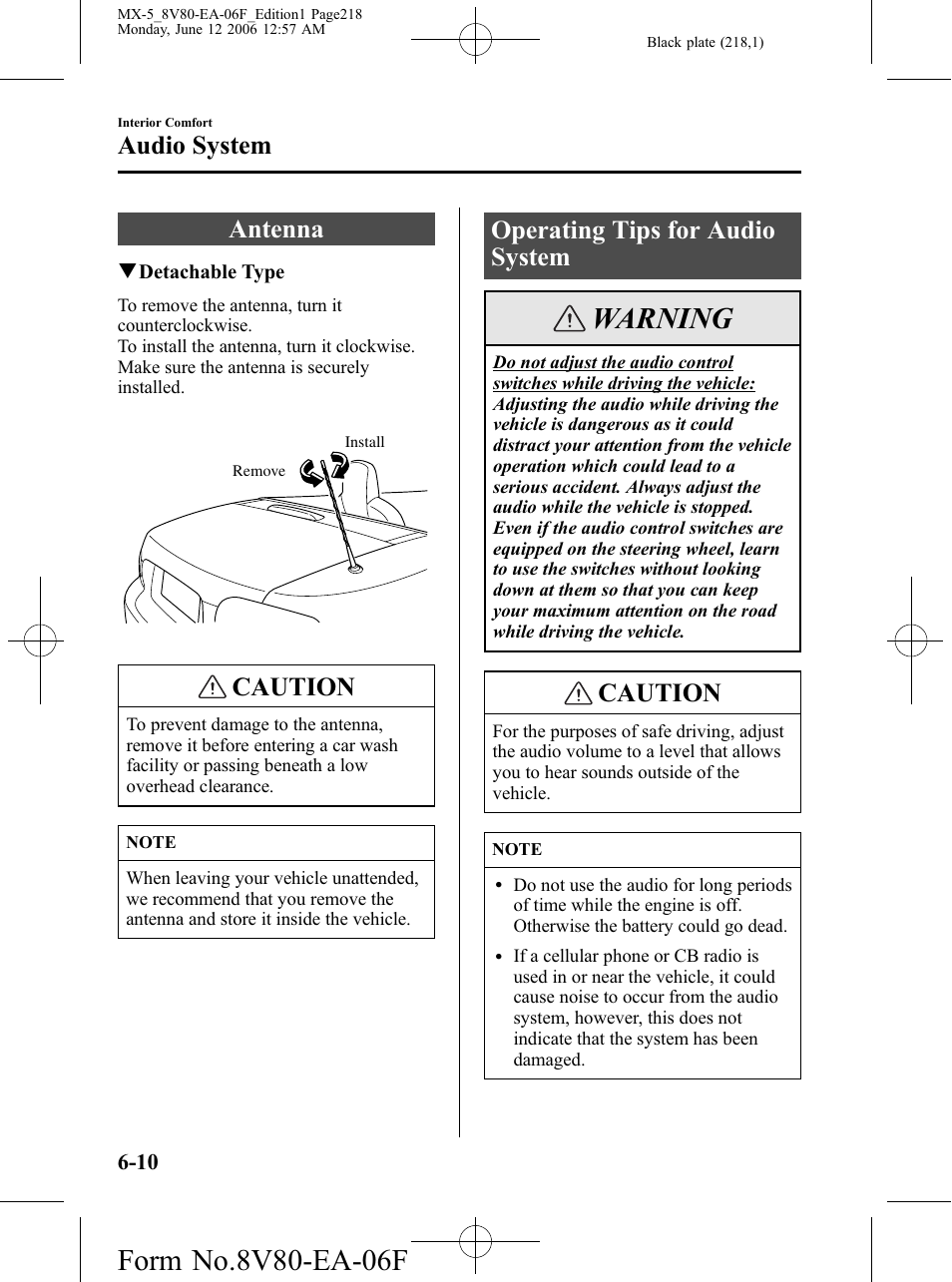 Audio system, Antenna, Operating tips for audio system | Audio system -10, Antenna -10 operating tips for audio system -10, Warning, Caution | Mazda MX-5 User Manual | Page 219 / 407