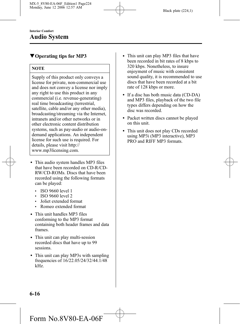 Audio system, Qoperating tips for mp3 | Mazda MX-5 User Manual | Page 225 / 407