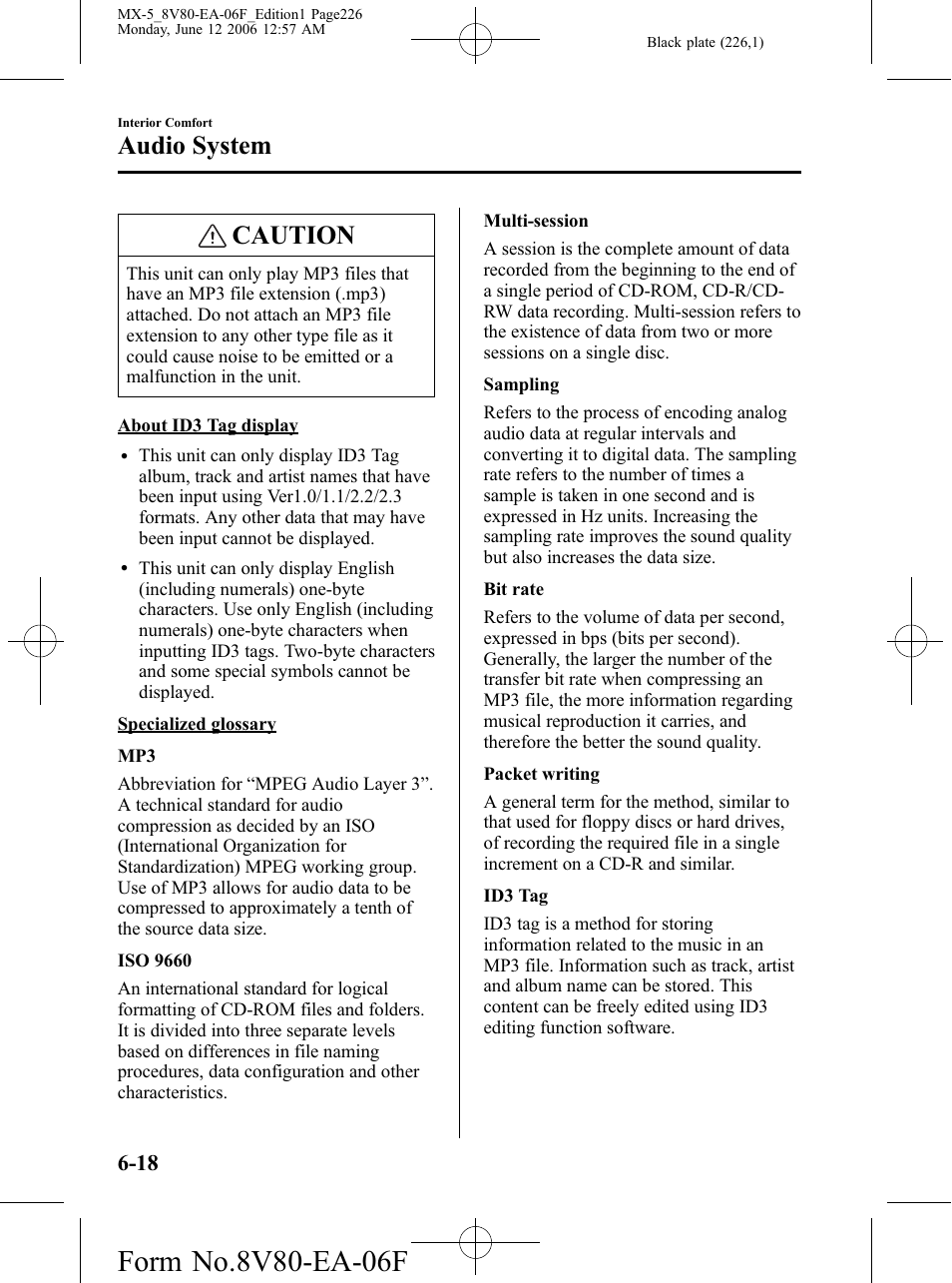 Caution, Audio system | Mazda MX-5 User Manual | Page 227 / 407