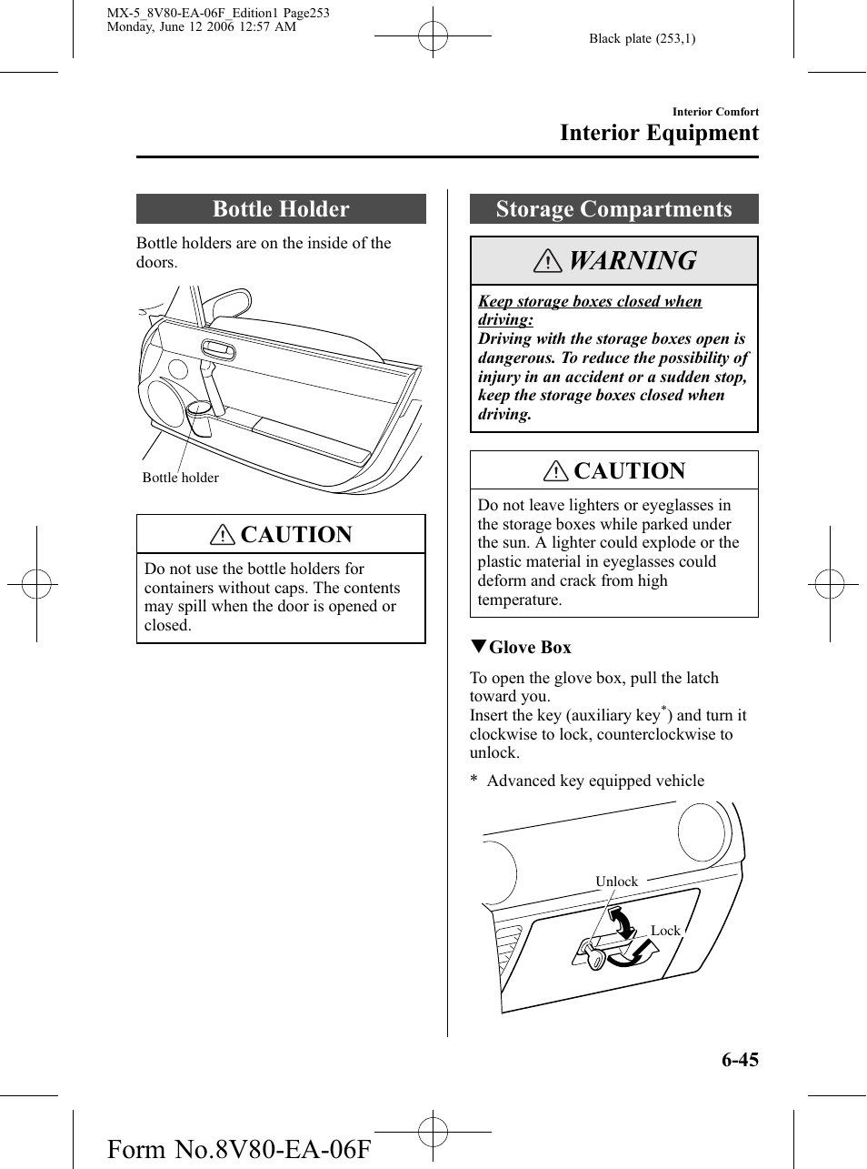 Bottle holder, Storage compartments, Bottle holder -45 storage compartments -45 | Warning, Caution, Interior equipment | Mazda MX-5 User Manual | Page 254 / 407