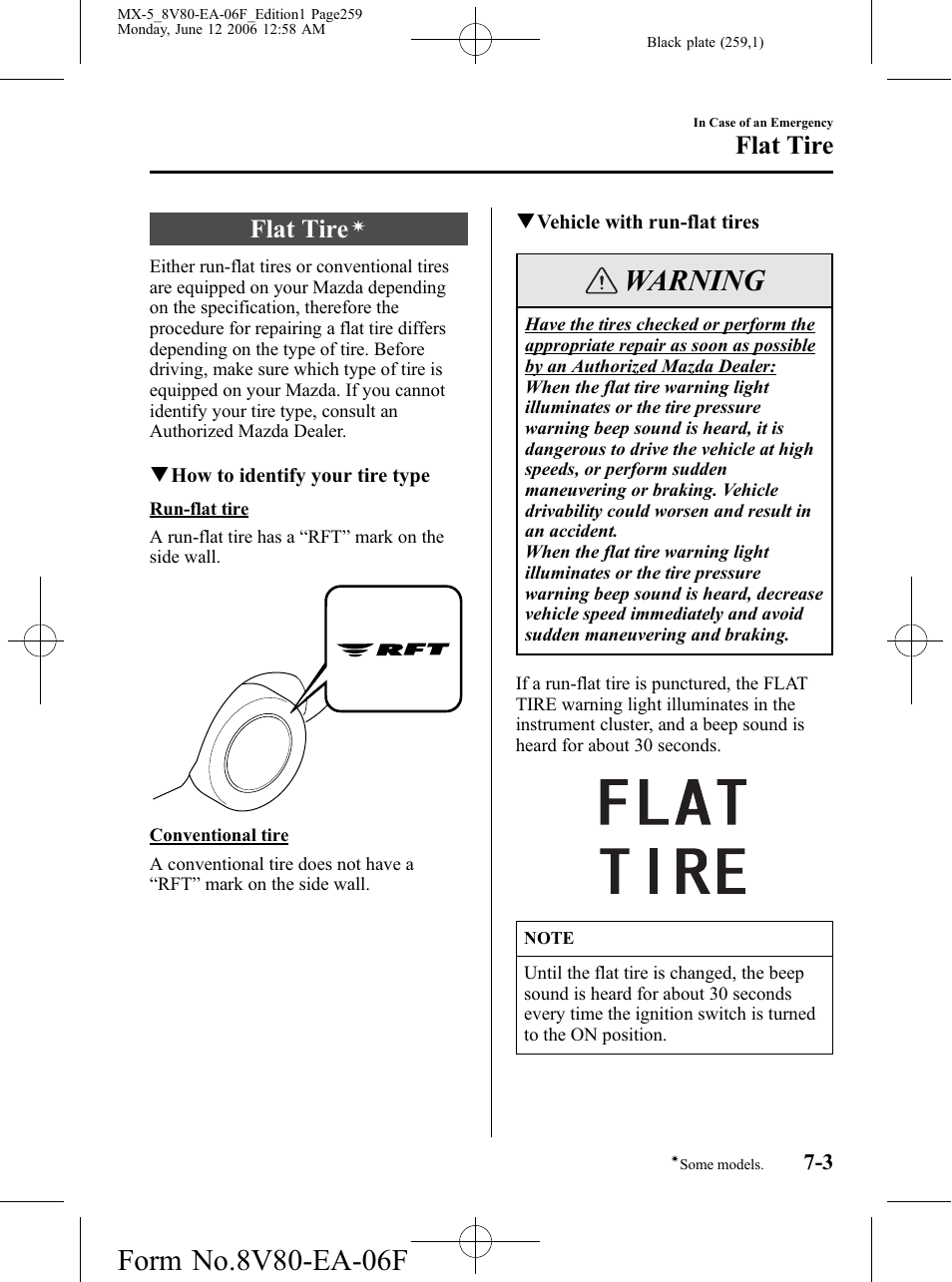 Flat tire, Flat tire -3, Warning | Mazda MX-5 User Manual | Page 260 / 407