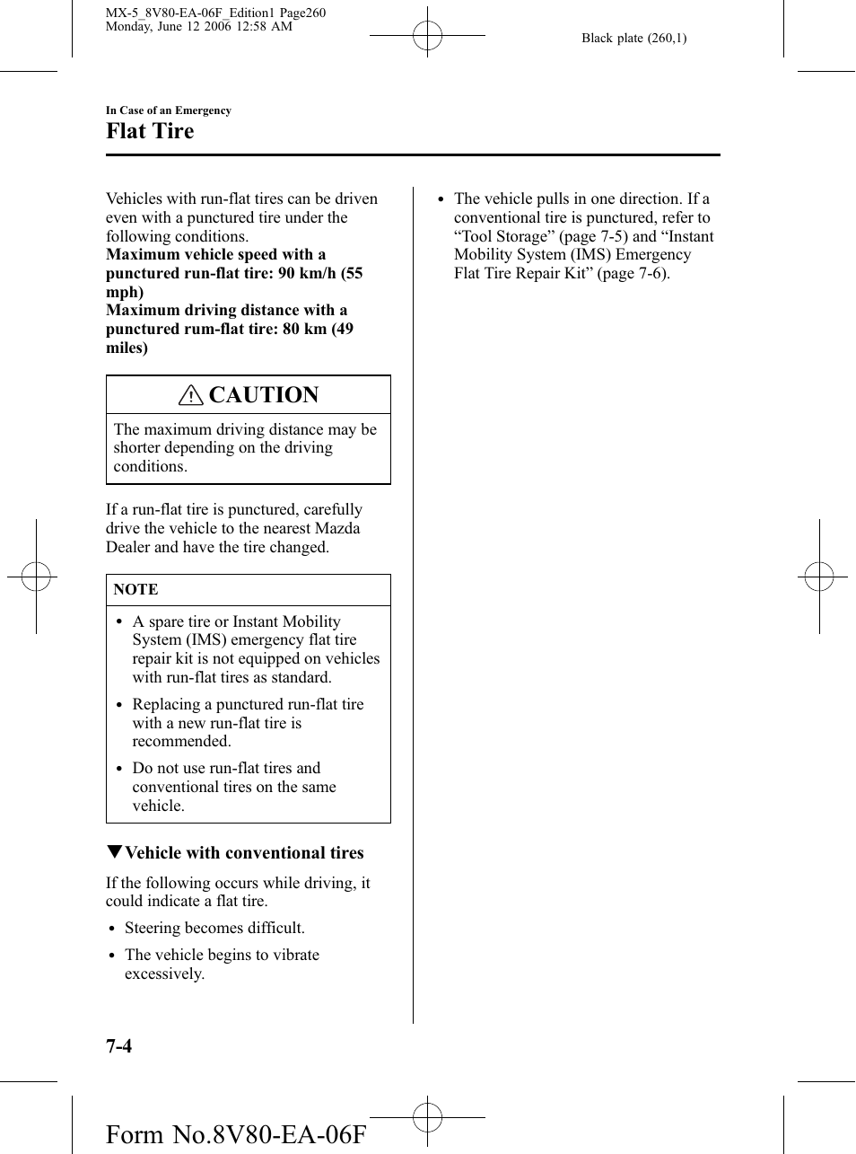 Caution, Flat tire | Mazda MX-5 User Manual | Page 261 / 407