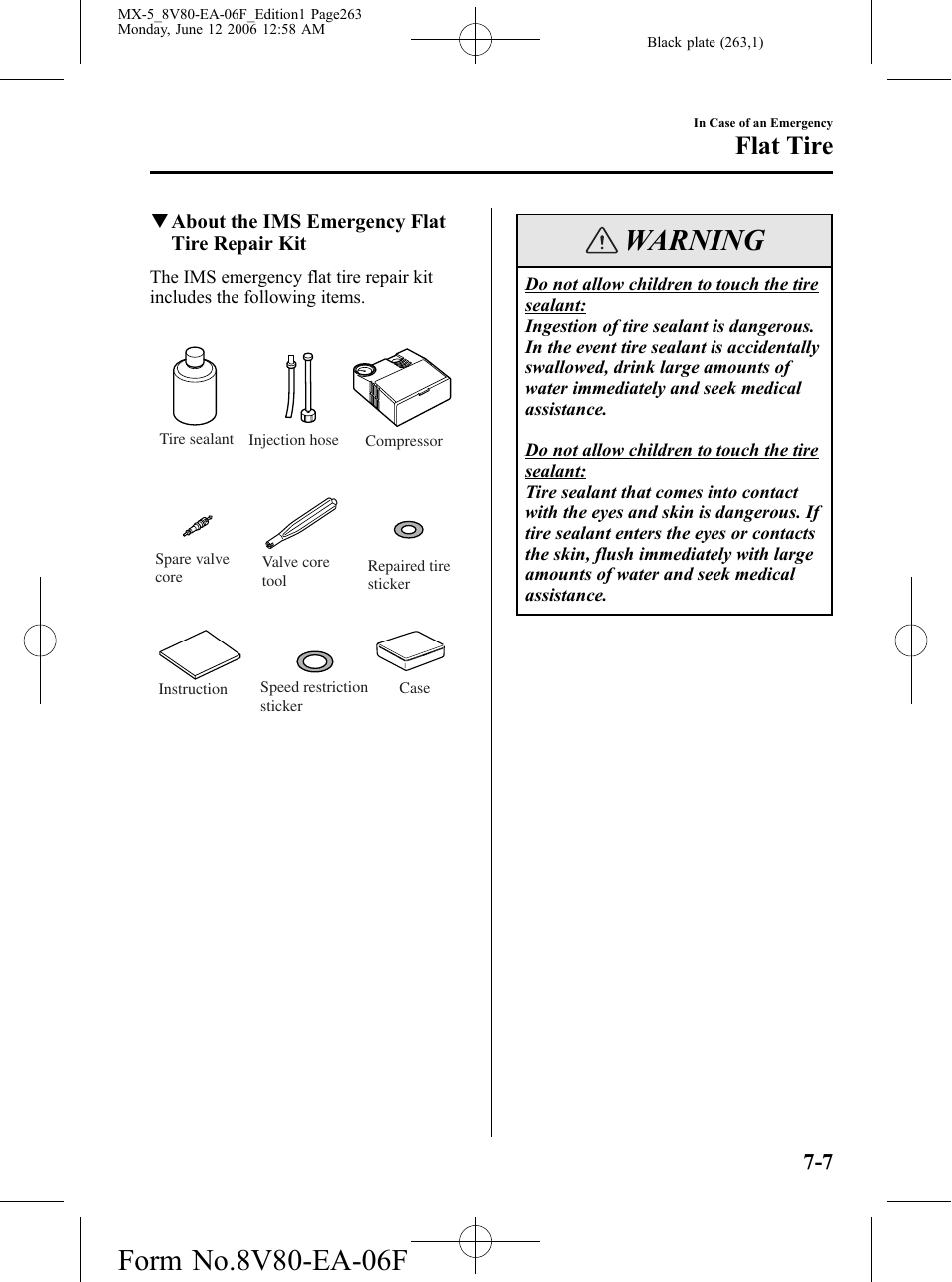 Warning, Flat tire | Mazda MX-5 User Manual | Page 264 / 407