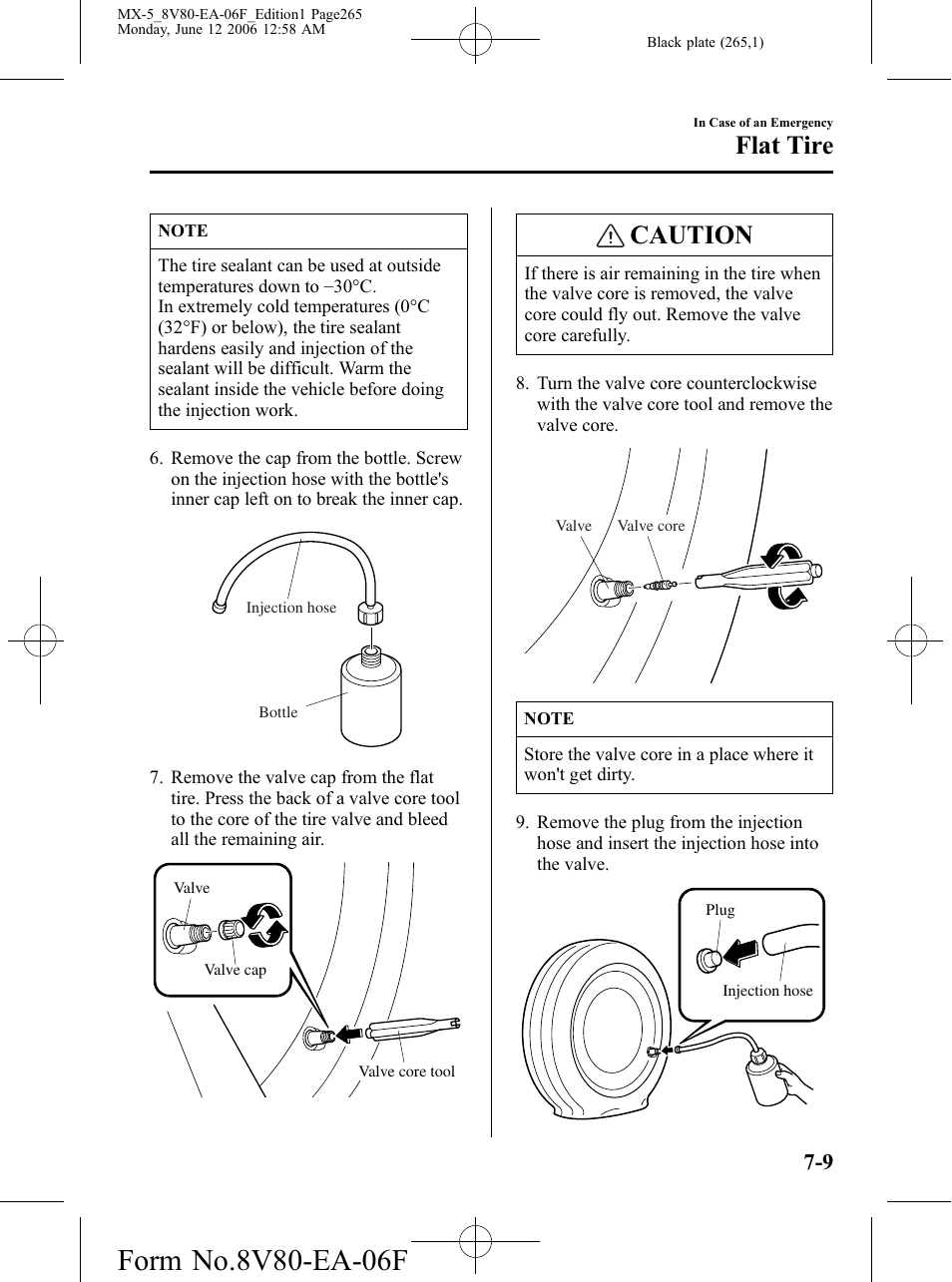 Caution, Flat tire | Mazda MX-5 User Manual | Page 266 / 407