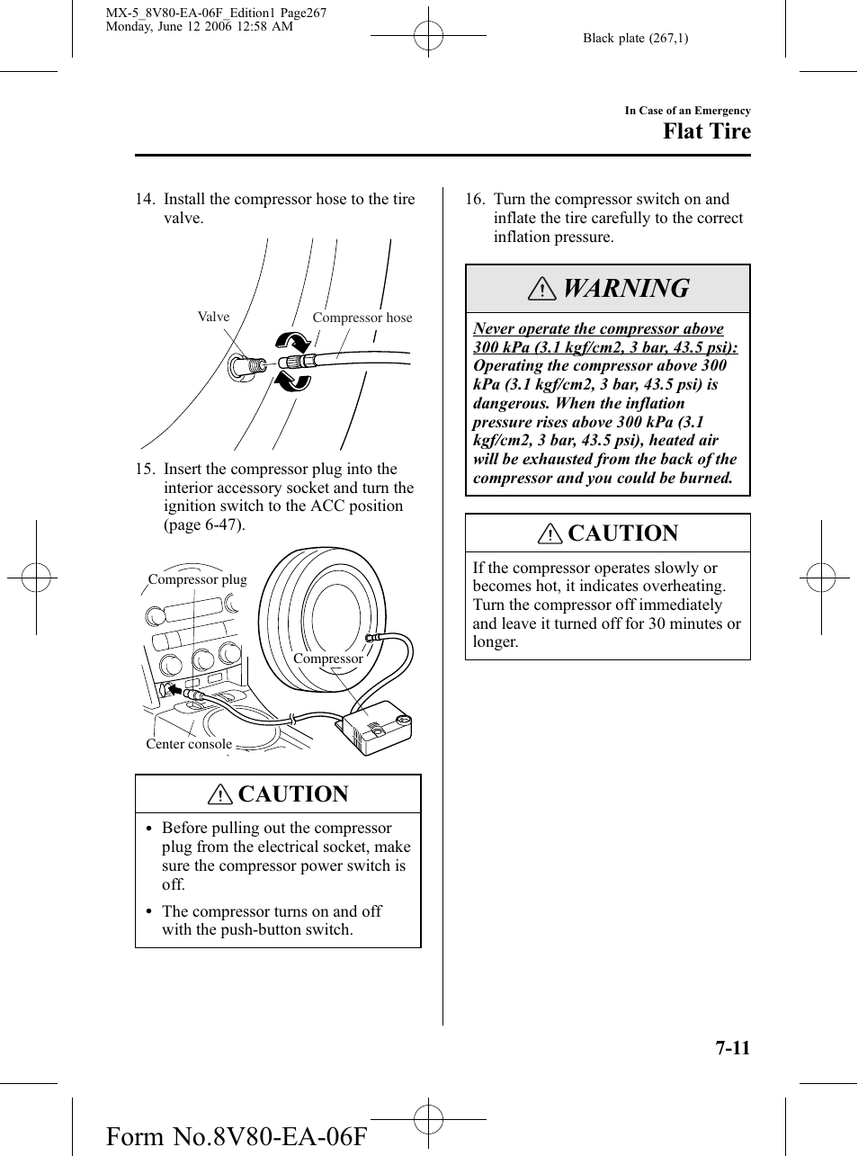 Warning, Caution, Flat tire | Mazda MX-5 User Manual | Page 268 / 407